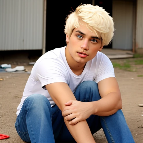 Man with short white hair, fine eyes, tattered short sleeves, refugee camp background, sitting on the ground  