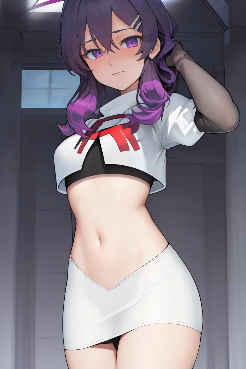 best quality, masterpiece, highres, solo, {haruka_bluearchive:1.15}, purple_hair, bangs, hair_between_eyes, purple_eyes, hair_ornament, halo, blush, hairclip, hat, garrison_cap, 1girl,looking_at_viewer, military, military_hat, medium_hair, team rocket,team rocket uniform, red letter R, white skirt,white crop top,black thigh-highs, black elbow gloves,