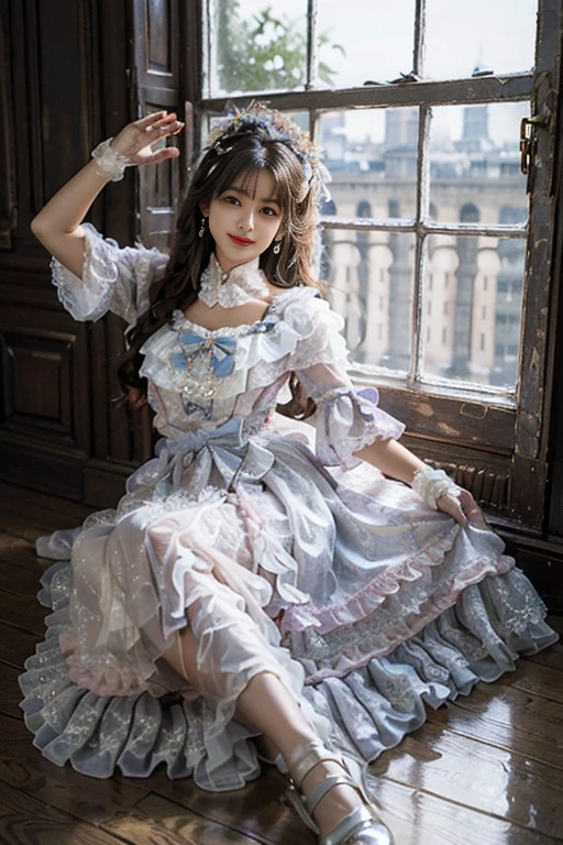 best quality, quality, masterpiece, realistic, 1 girl, whole body, looking at the viewer, smile, long hair, black hair, arm to the side, LO dress, layered dress, ruffle dress, cross halter, hair ornaments, white pantyhose, high heels, detailed background, indoors, palace, luxury decoration, window, sunlight, ，(((The skirt, made from layers of chiffon fabric, stretches out from the waist to the floor and fills the room.))),(((頭からつま先までwhole bodyを撮影してください)))