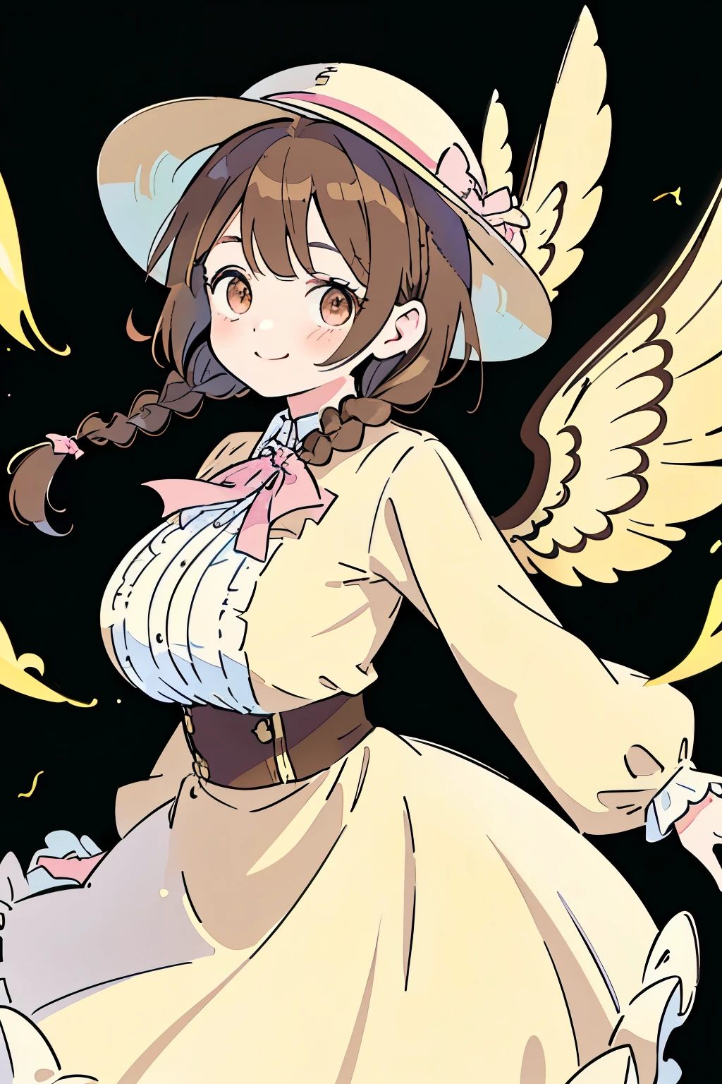 (brown hair:1.2),(Braided shorthair:1.2),(Braided pigtails:1.2),(With bangs),(brown eyes:1.25),blush,(The eyes are shining brightly:1.2),(eye size:1.7),(Steampunk place),(A room full of antique furniture:1.1),(Soft picture),(fairy wings:1.1),(Waving loudly and walking cheerfully:1.1),(Clothes with a fluffy, princess-like silhouette that flows in the wind:1.4),(The colors of the clothes are pink, white, and yellow-green.),(gentle smile),(big breasts:1.15),(hat like a postman:1.25),