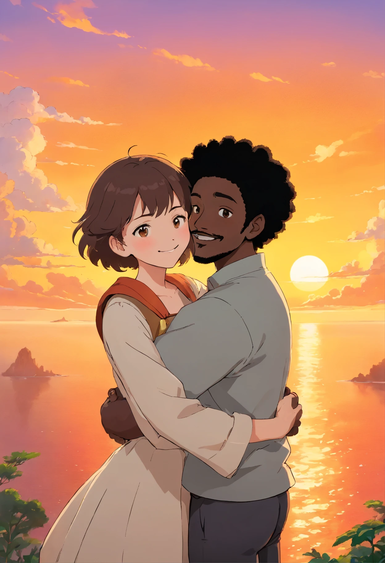 Thick White brunette woman with medium hair past her shoulders and black male with a small Afro and light mustache and goatee embracing and smiling in front of a beautiful orange and yellow sunset while looking at the camera