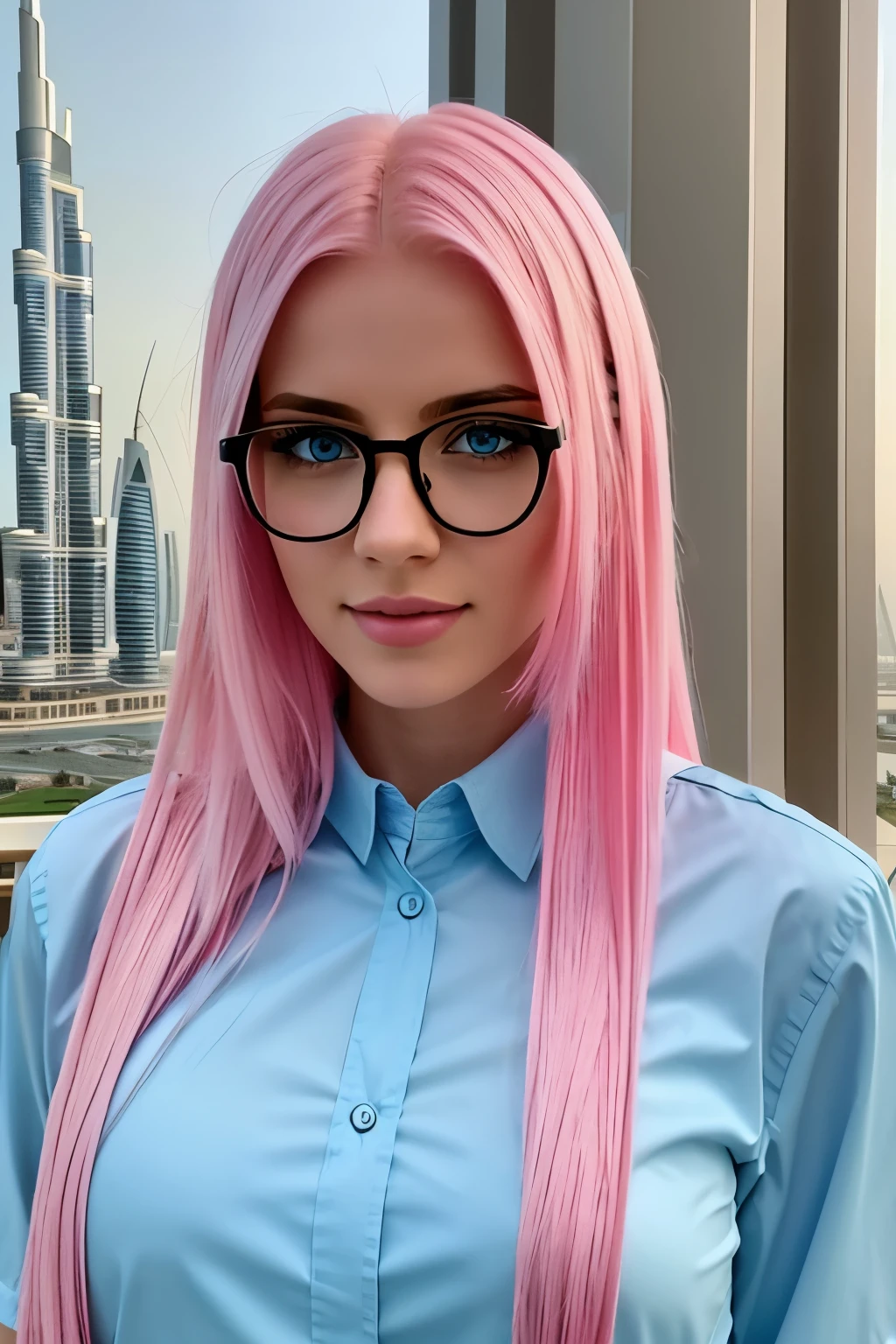 A beautiful girl with light  blue colour eyes look like ultra realistic female model with glasses pink hair in the Dubai Burj Khalifa 