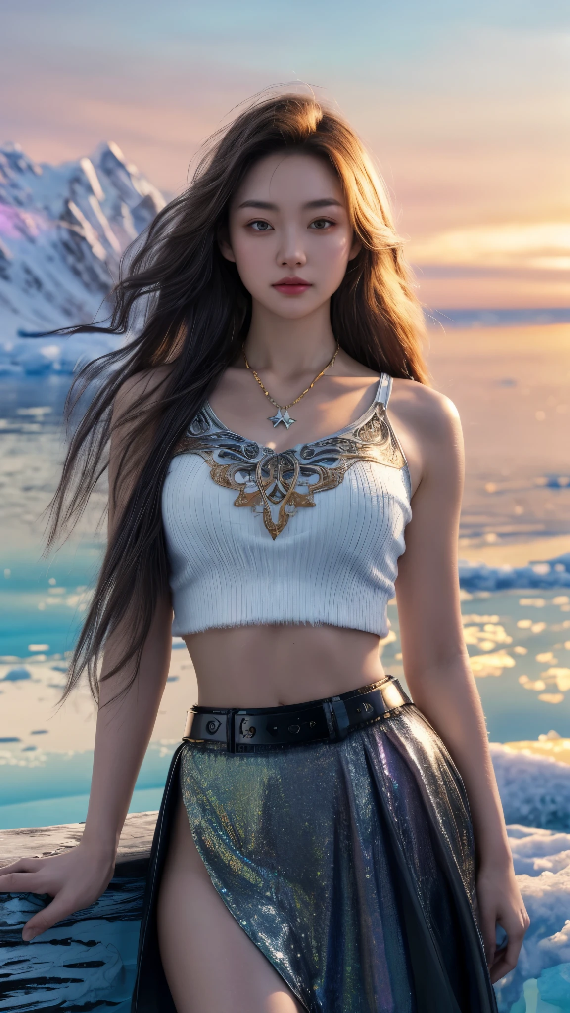 Beautiful 20 year old woman, Dreamlikeart, highly detailed airbrush art (((surreal)), intricate details, volumetric lightinasterpiece: 1.2), (best quality), 4K, ultra detailed, (dynamic composition: 1.4), highly detailed colorful details, (iridescent colors: 1.2), (bright lighting, atmospheric lighting), dreamy, magical, dynamic composition, ray tracing, specular lighting, shallow depth of field, crazy details, hyper-detailed, mixing exposure, HDR, Leader of rebellion on the Frozen Sea, the frozen warrior, strong northern vale atmosphere, crop shirt printed top, black belt skirt, abyssal necklace, main outfit color white, gold are the second color, cowboy shot, midshot, centered image, eye on camera, look at the viewer, front look, closer, hazel fluffy hair, gorgeous hair, tiny chest