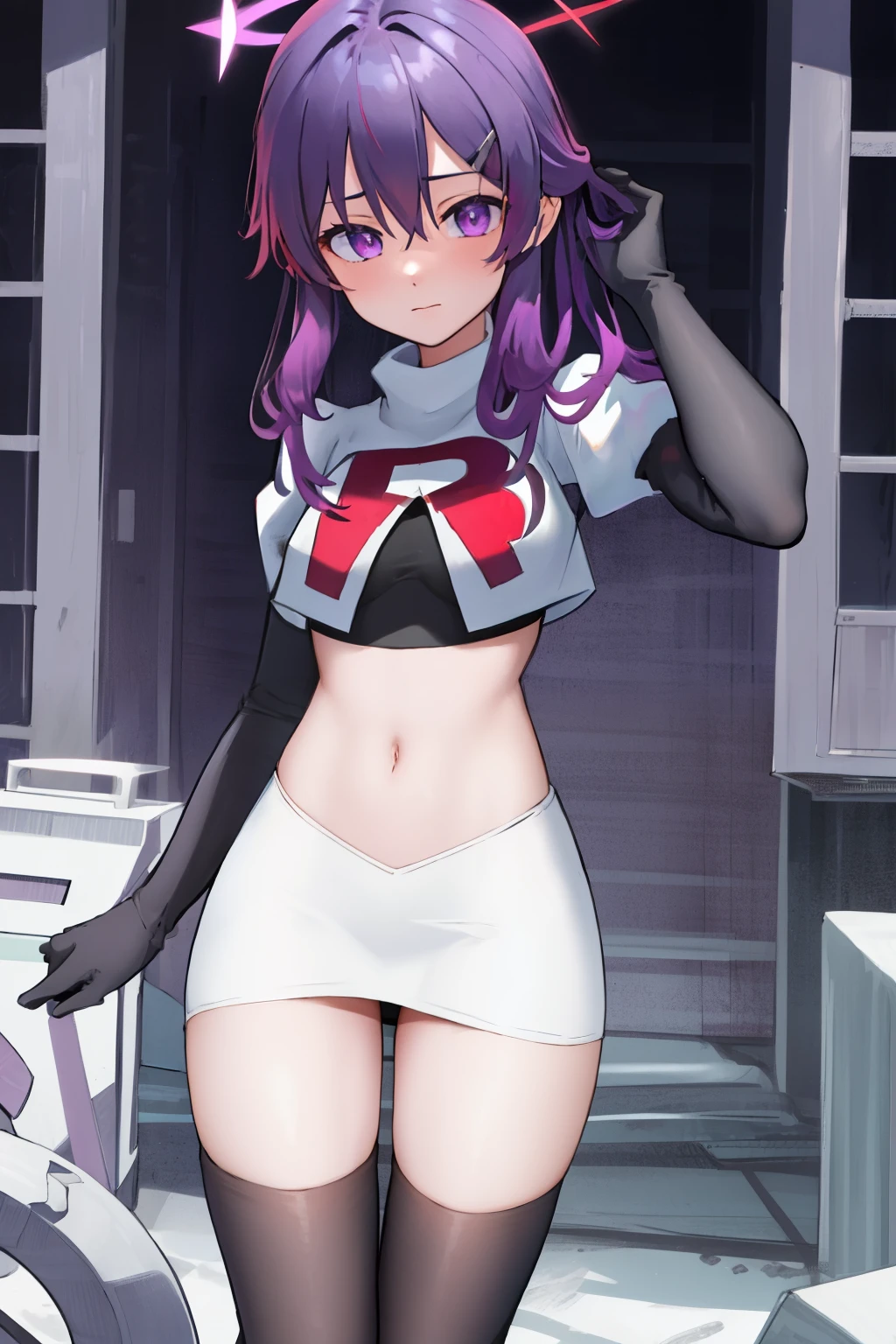 best quality, masterpiece, highres, solo, {haruka_bluearchive:1.15}, purple_hair, bangs, hair_between_eyes, purple_eyes, hair_ornament, halo, blush, hairclip, hat, garrison_cap, 1girl,looking_at_viewer, military, military_hat, medium_hair, team rocket,team rocket uniform, red letter R, white skirt,white crop top,black thigh-highs, black elbow gloves,