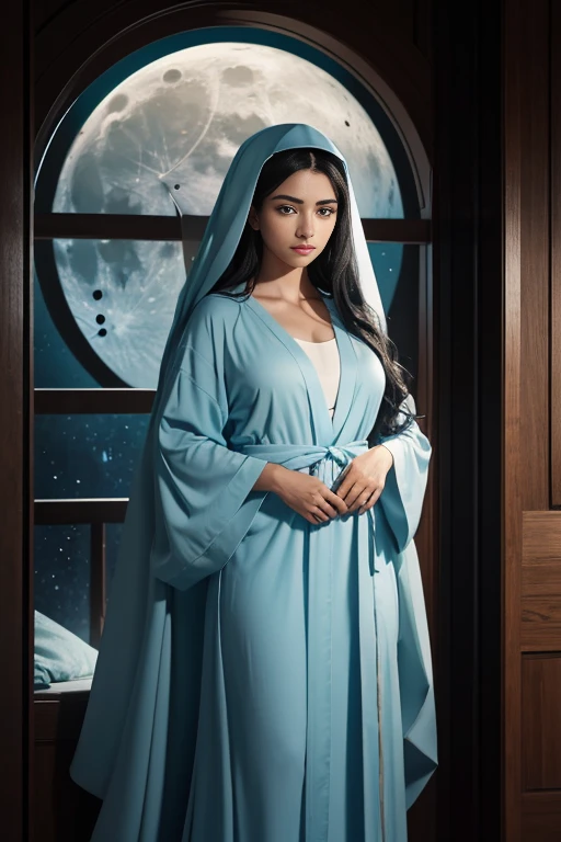 Mother of Jesus, black hair and green eyes, light brown skin, wearing a light blue robe, and a sky blue veil, a serene expression that brings peace (full body) near a window, illuminated by the moon (magnificent and realistic)