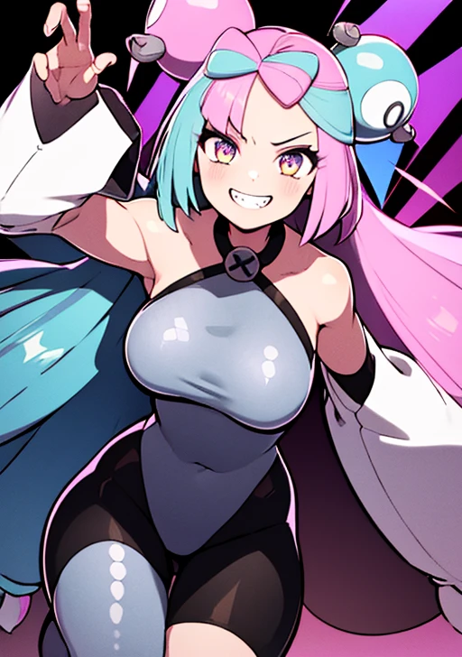 (((masterpiece))), ((highest quality)), (Very detailed), ((High resolution)), ((8k)), One Woman, Big Breasts, Blue and pink hair, Twin tails, Long Hair, Very cute woman, delicate, Charming smile, Green Eyes, Bright Eyes, Best moment, Vivid eyes, cute, Beautiful Skin, cute顔, delicateな腕, Detailed skin texture, Intricate details, Very detailedな顔, Beautiful Eyes, Neon Town,  Looking up, Jagged teeth, Raise your arms, Thighs, Open your mouth, sit,