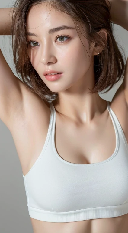 ((highest quality, 8K, masterpiece :1.3)), 1 girl, Pretty woman highlighting her slender abs :1.3, (random hairstyle :1.2),small size tank top :1.2, super detailed face, fine eyes, double eyelid, armpit、GCup bust