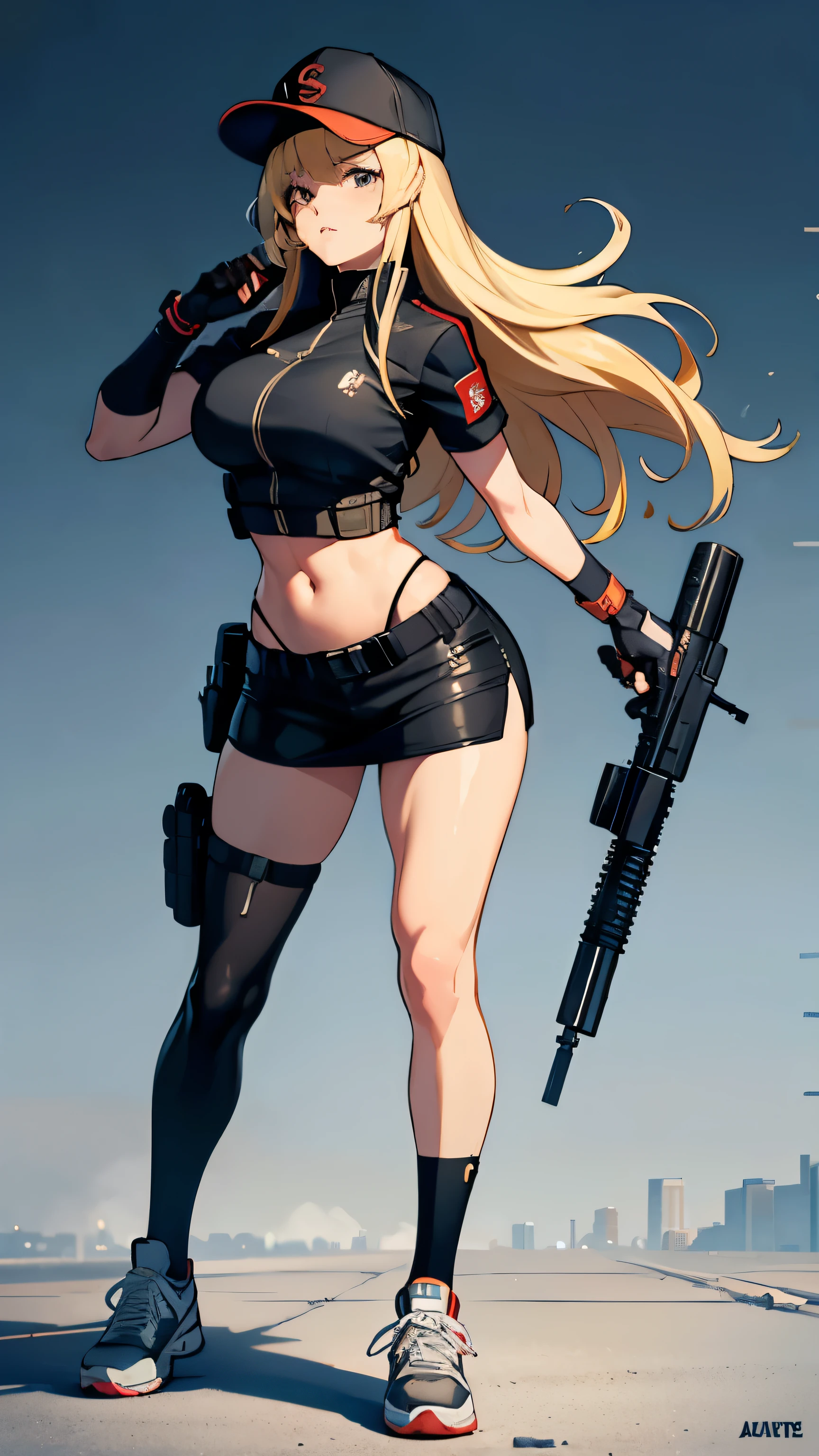 ((foto de corpo inteiro))((foto realista)) Tacticool, uma mulher, solo, (colete: 1.2), militar, 8k, high-res, obra-prima, melhor qualidade, (headpe: 1.3), pele finamente detalhada, transparent black bra, tattoo, skirt.
