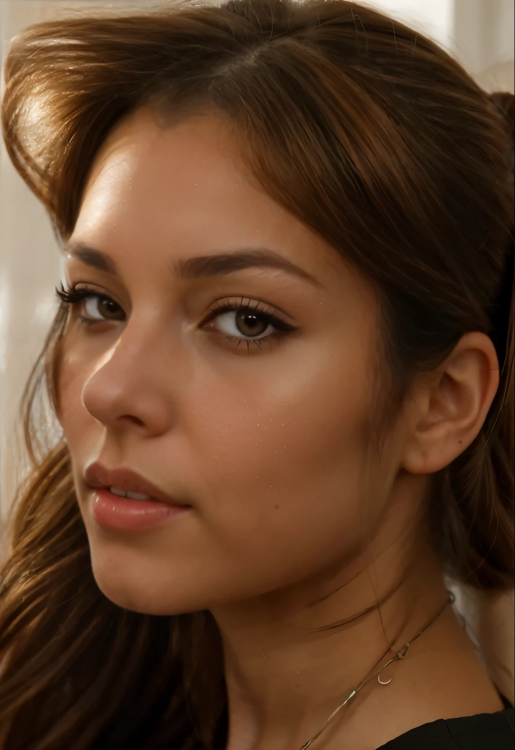 a close up of a woman with a cat on her shoulder, artgerm detailed, style artgerm, artgerm portrait, artgerm. high detail, extremely detailed artgerm, realistic digital art 4 k, realistic digital art 4k, drawn in the style of artgerm, in style of artgerm, realistic artstyle, buetifull woman, brown hair, tied in a pony tail, strands of brown hair parted to the left,