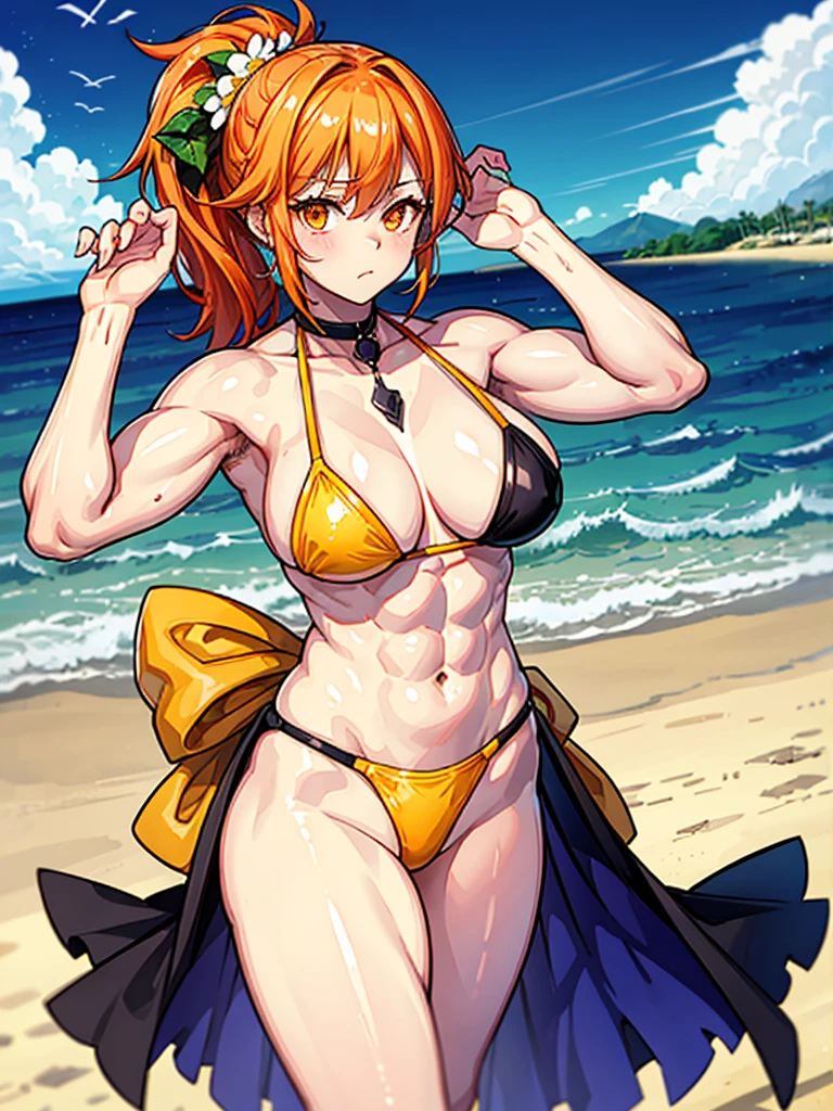 （（（masterpiece、Highest image quality、highest quality、highly detailed unity 8ｋwallpaper）））、（（Illustration of one girl））、（（（beautiful girl）））、（（orange hair、side ponytail、sidelocks：1.4、orange eyes））、（（stocky build, thickset physique：1.3, muscular legs, broad shoulders, solid chest：1.3, Armpit Hair：1.4、hairy armpits）））、swimsuit、sandy beach