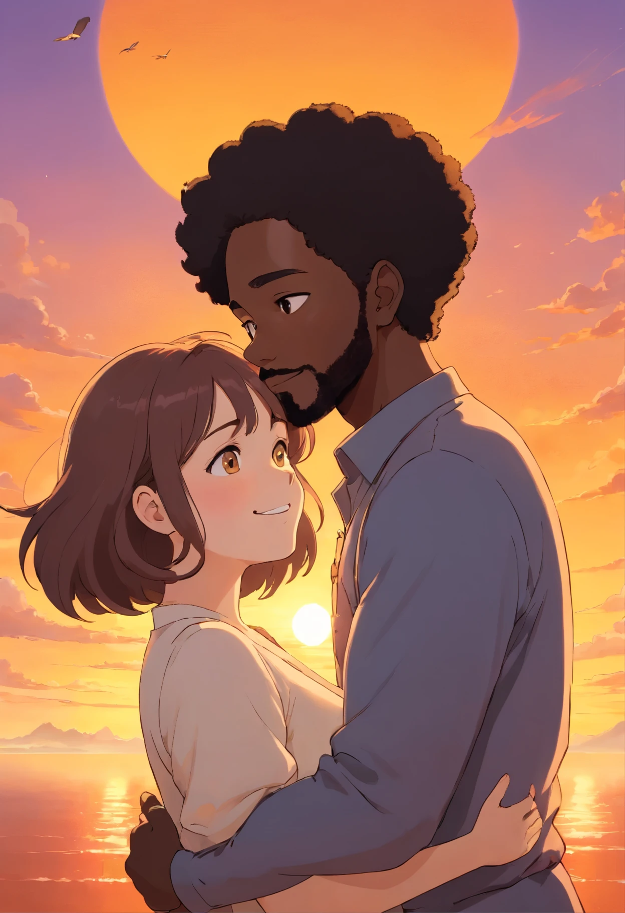 Thick busty White brunette woman with medium hair past her shoulders and black male with a small Afro and light mustache and goatee embracing and smiling in front of a beautiful orange and yellow sunset while looking at the camera 