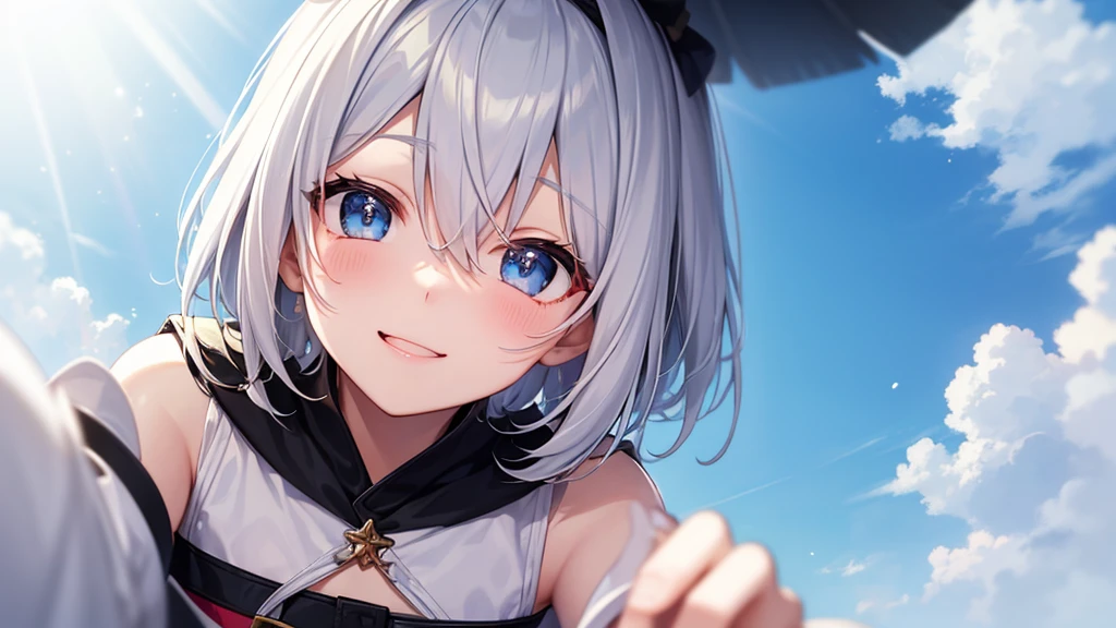 super high quality, with a girl, 20-year-old, とてもshort hair, long bangs between the eyes, pale blue eyes , blue sky, sunlight, very detailed,(masterpiece、highest quality)、alone、gray hair、laughter、White skin as clear as snow、fantasy, silver hair, black eye, beautiful eyes,, ecstasy, charm, be smitten with audience, short hair,blue sky , sunlight,fantasyな風景,looking down from above、