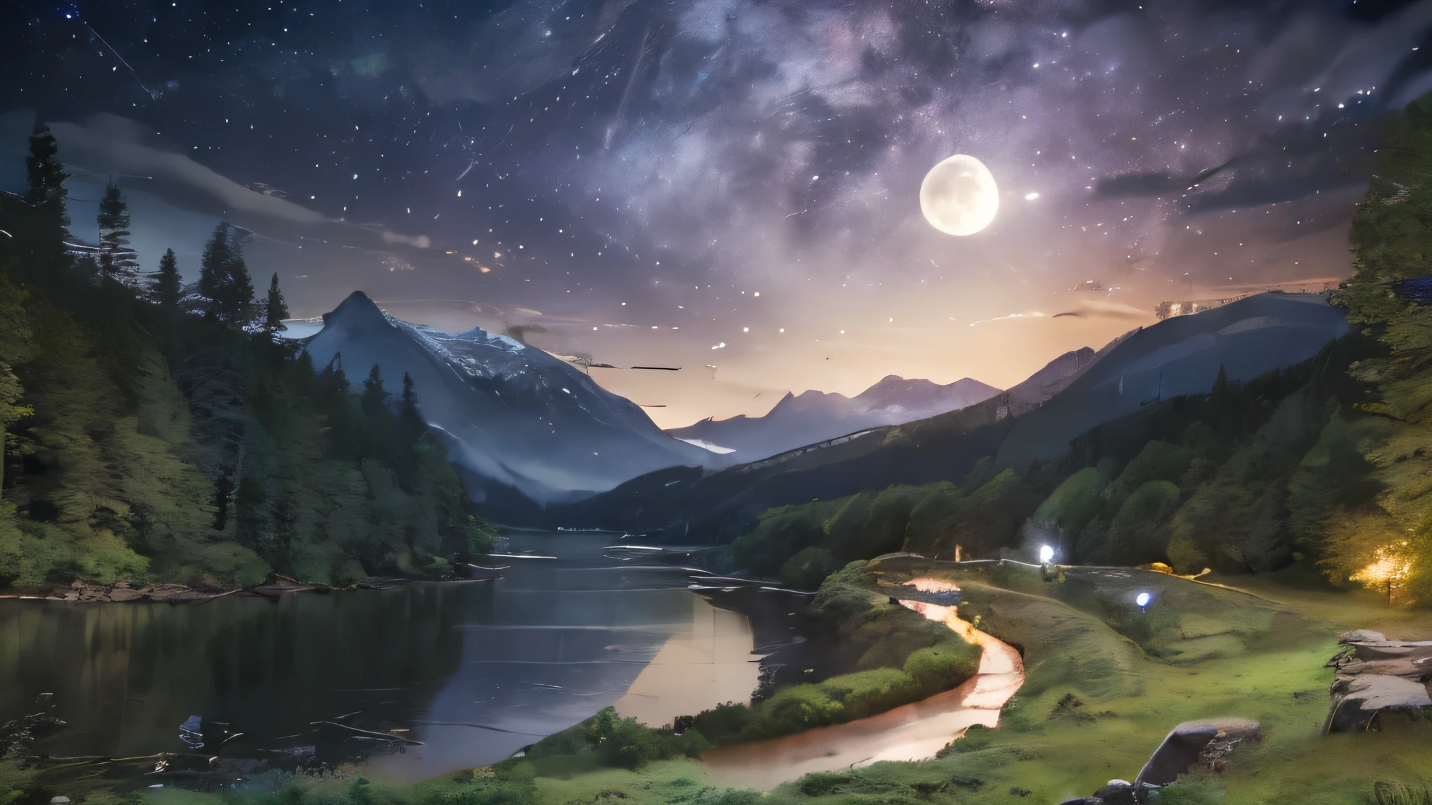 (landscape:1.7), rich in nature, in forest, night sky, (beautiful sky:1.2), (night:1.5), stars, milky way, galaxy, clouds, full moon, (moon:1.4), overgrown grass, (river:0.7), some trees, mountains in back, fireflies, masterpiece, realistic, (best quality:1.4), 4k, beautiful, background art, mysterious