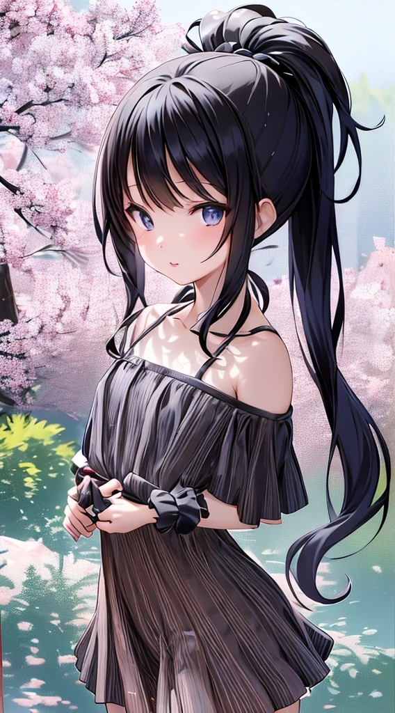 (Chiquita:1.5),Excellent,cinta,(work of art, side lighting, fein detaillierte greate graue Augen: 1.2), (small), (child), Medium chest, realisitic, glare eyes,shiny hair,Bblack hair,long long flowing hair, shining skin, standing alone, embarrased,strapless,exotic,great,Garden,flowers,flying petals, naked legs, cherry blossom flower, cinematic light, film composition, abundant expressions
