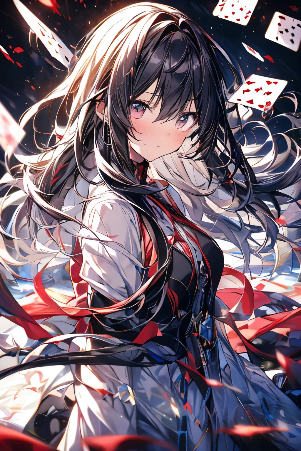 anime girl in the center of falling poker cards, (masterpiece), (best quality), (illustration), (1girl), (a lot of poker cards falling to the ground), determined yet frustrating expression, red black contrast background, focus on upper body, standing in the center, glass shattering effect onto the girl, mouth closed, (high quality)