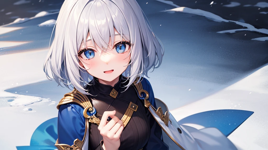 super high quality, with a girl, 20-year-old, とてもshort hair, long bangs between the eyes, pale blue eyes , blue sky, sunlight, very detailed,(masterpiece、highest quality)、alone、gray hair、laughter、White skin as clear as snow、fantasy, silver hair, black eye, beautiful eyes,, ecstasy, charm, be smitten with audience, short hair,blue sky , sunlight,fantasyな風景,looking down from above、