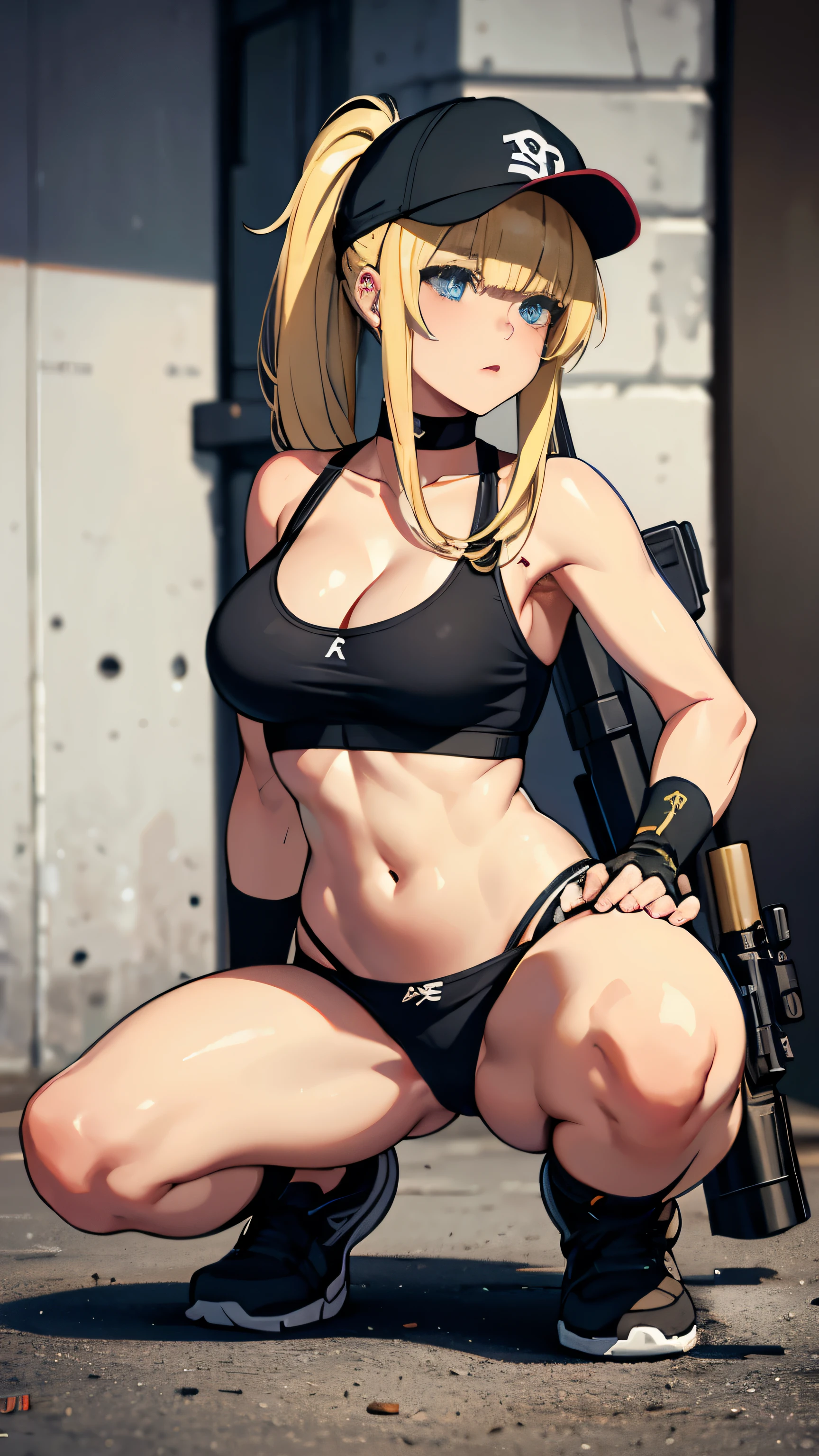 Close-up of a woman with a rifle, blonde long hair, baseball cap, small details. female action girl, full body portfolio, in an urban combat zone, gun action, big ass, socks, sneakers, dull bangs, adult woman, belly button, crack,