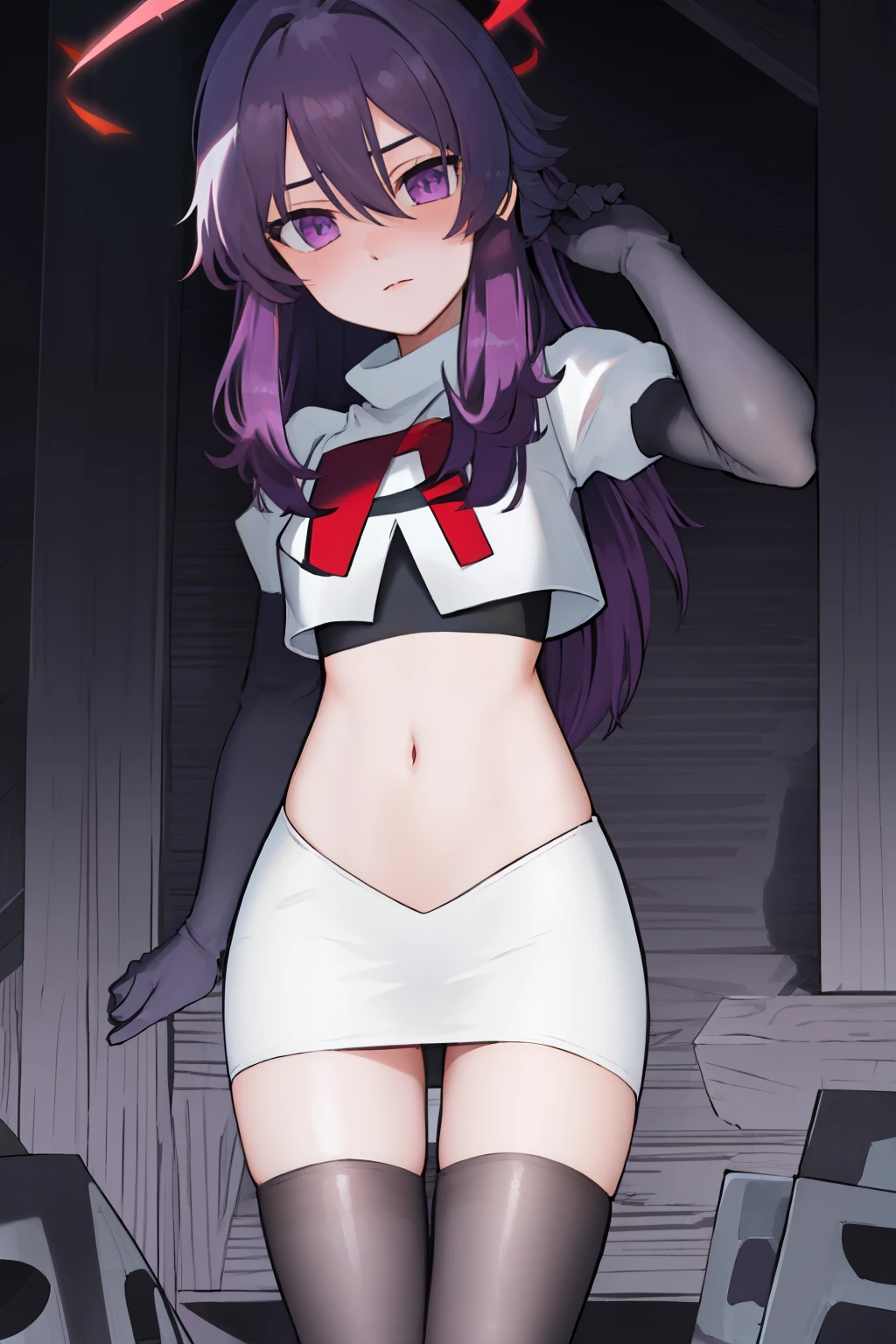 best quality, masterpiece, highres, solo, {haruka_bluearchive:1.15}, purple_hair, bangs, hair_between_eyes, purple_eyes, hair_ornament, halo, blush, hairclip, hat, garrison_cap, 1girl,looking_at_viewer, military, military_hat, medium_hair, team rocket,team rocket uniform, red letter R, white skirt,white crop top,black thigh-highs, black elbow gloves,