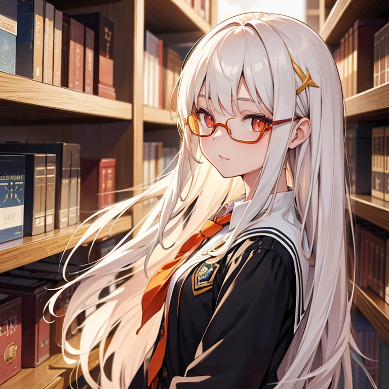 16-year-old girl,Head and shoulders photos,long white hair,golden-framed glasses,Orange hairpin,red pupils,student uniform,moonlight,library