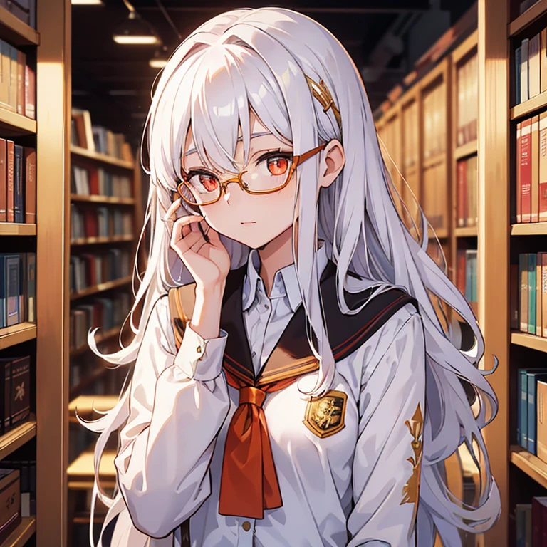 16-year-old girl,Head and shoulders photos,long white hair,golden-framed glasses,Orange hairpin,red pupils,student uniform,moonlight,library