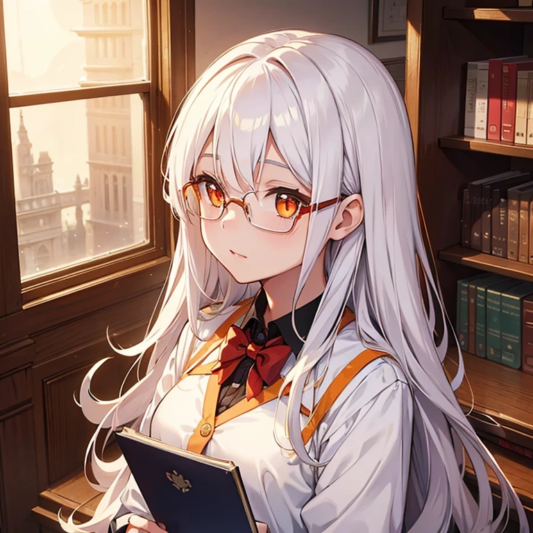 16-year-old girl，Head and shoulders photos，long white hair，golden-framed glasses，Orange hairpin，red pupils，student uniform，moonlight，library