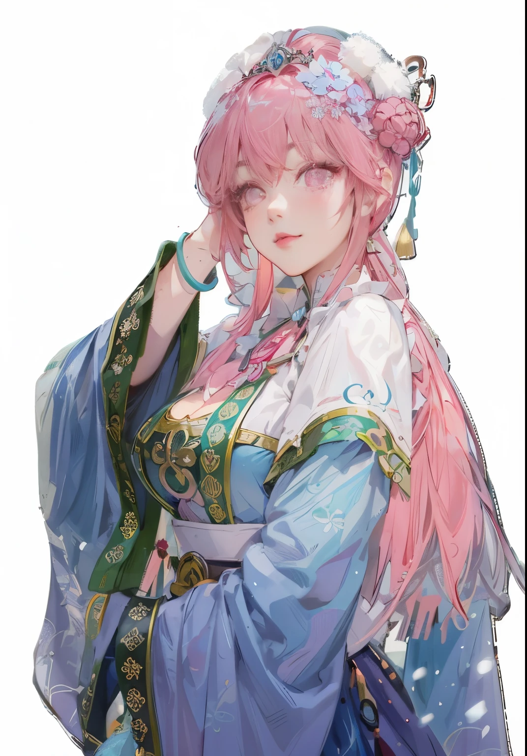 one wearing a blue dress、Woman with pink hair and pink wig, guweiz, guweiz on pixiv artstation, guweiz on artstation pixiv, April rendering, guweiz style artwork, Detailed digital animation art, shadow poetry style, 8k high quality detailed art，three kingdom