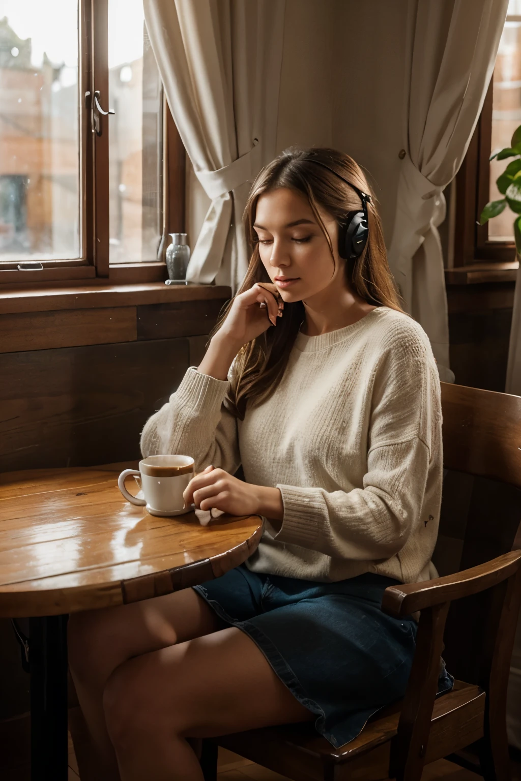 Design an image of a cozy café interior bathed in warm, muted tones. Include details like vintage furniture, steaming mugs of coffee or tea, gentle light streaming through curtains, and a person sitting by the window lost in thought or listening to music. Emphasize a serene and relaxed atmosphere.