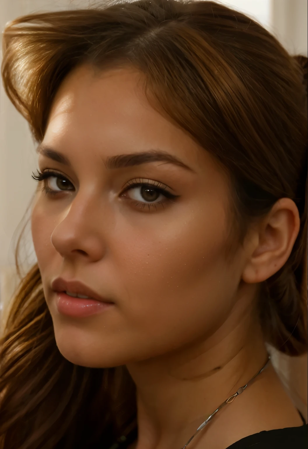 a close up of a woman with a cat on her shoulder, artgerm detailed, style artgerm, artgerm portrait, artgerm. high detail, extremely detailed artgerm, realistic digital art 4 k, realistic digital art 4k, drawn in the style of artgerm, in style of artgerm, realistic artstyle, buetifull woman, brown hair, tied in a pony tail, strands of brown hair parted to the left,