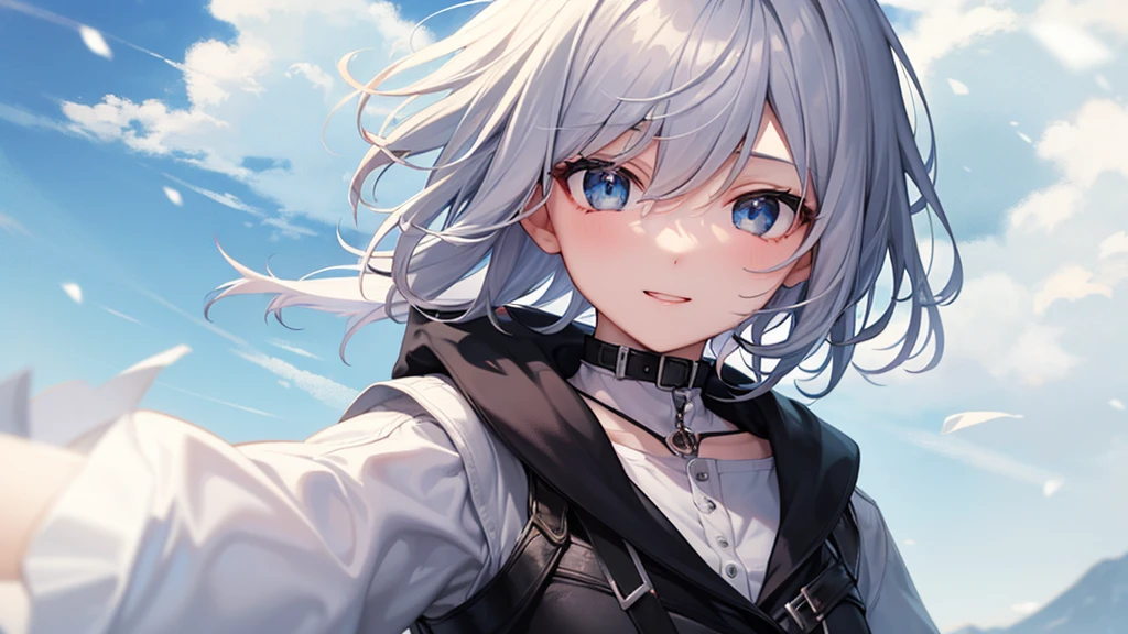 super high quality, with a girl, 20-year-old, とてもshort hair, long bangs between the eyes, pale blue eyes , blue sky, sunlight, very detailed,(masterpiece、highest quality)、alone、gray hair、laughter、White skin as clear as snow、fantasy, silver hair, black eye, beautiful eyes,, ecstasy, charm, be smitten with audience, short hair