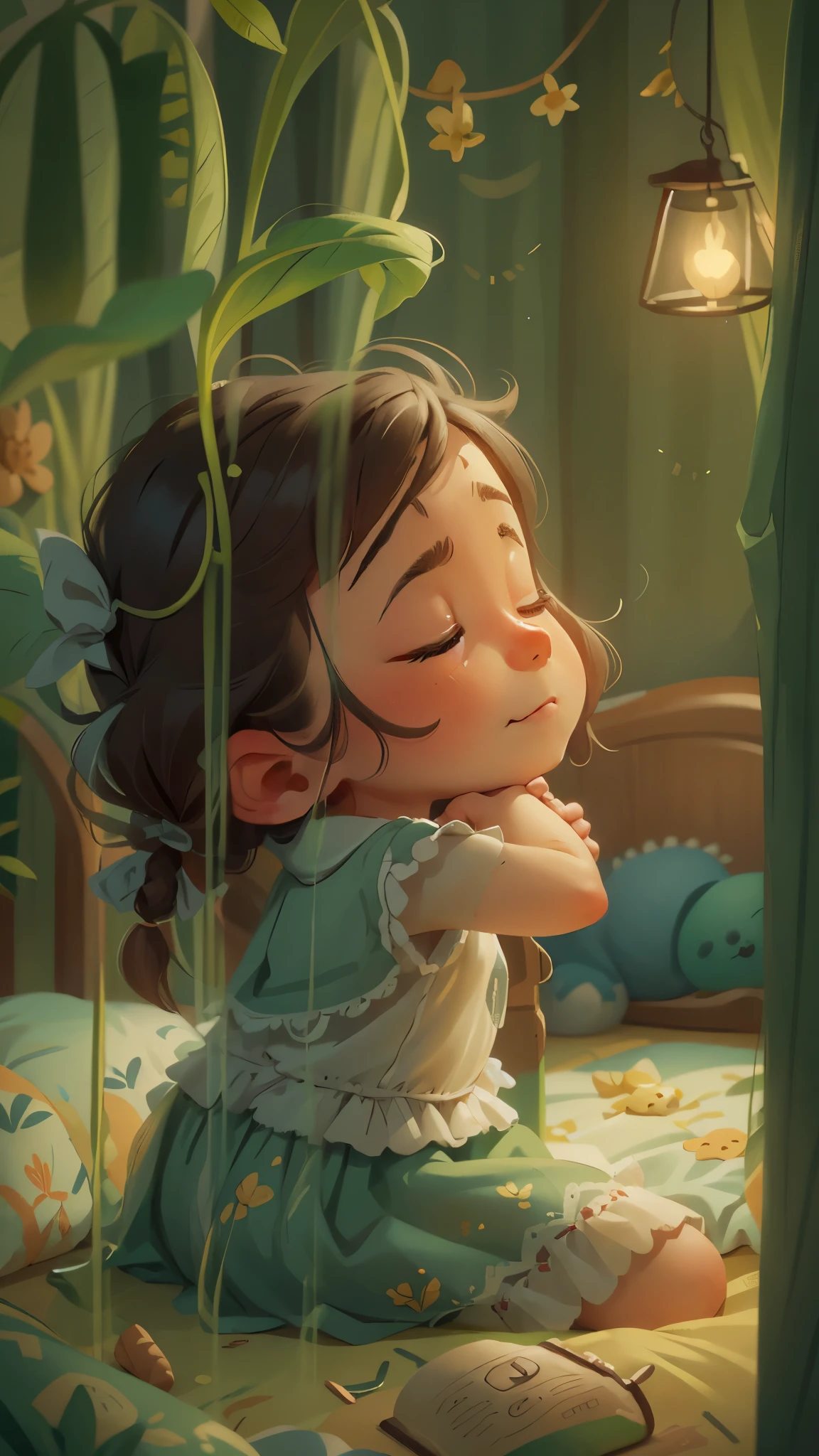 The girl lay asleep on the bed,goodnight,Sweet dreams,very cute,close up,Pixar cinematic style, best quality, movie stills,