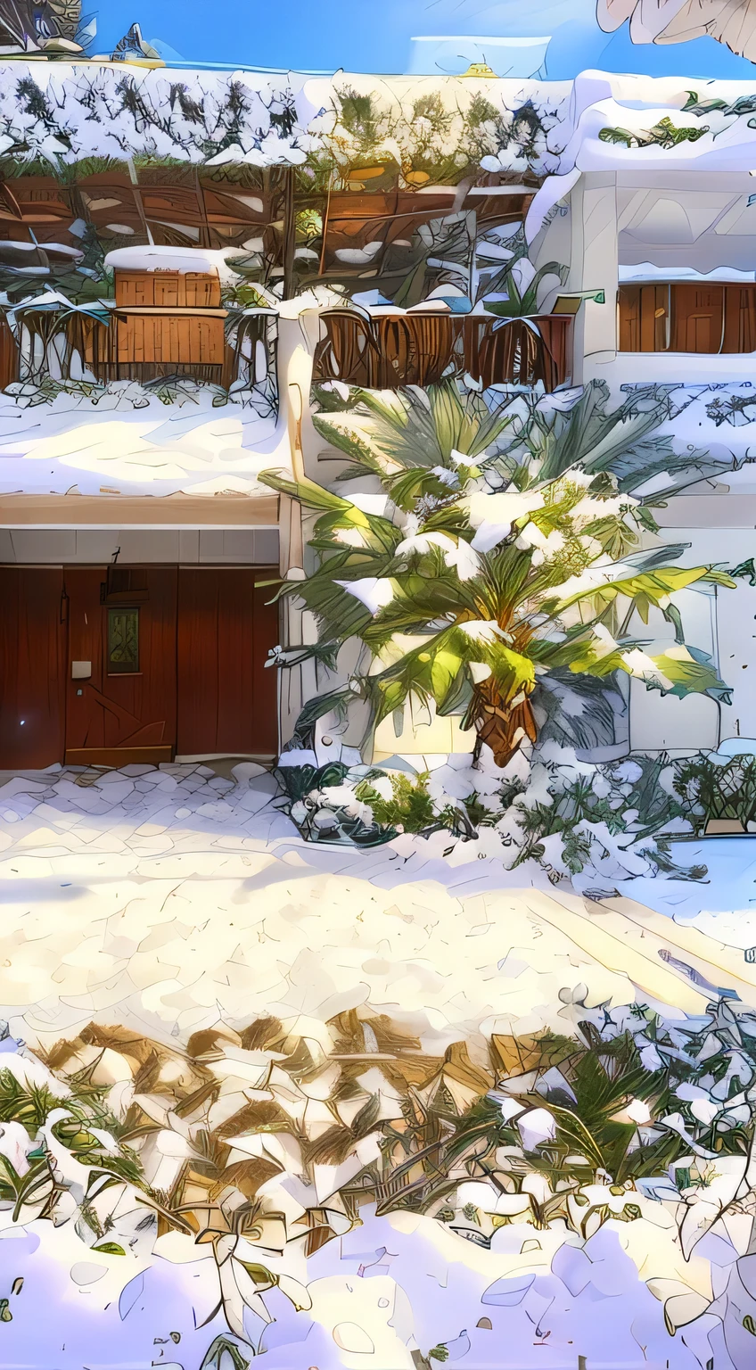 a  garden with a palm tree covered in snow winter snow fall scene behind is a part of corridor with a roof above also covered with snow a snow man in the garden and palm tree with beautiful view of snow falll