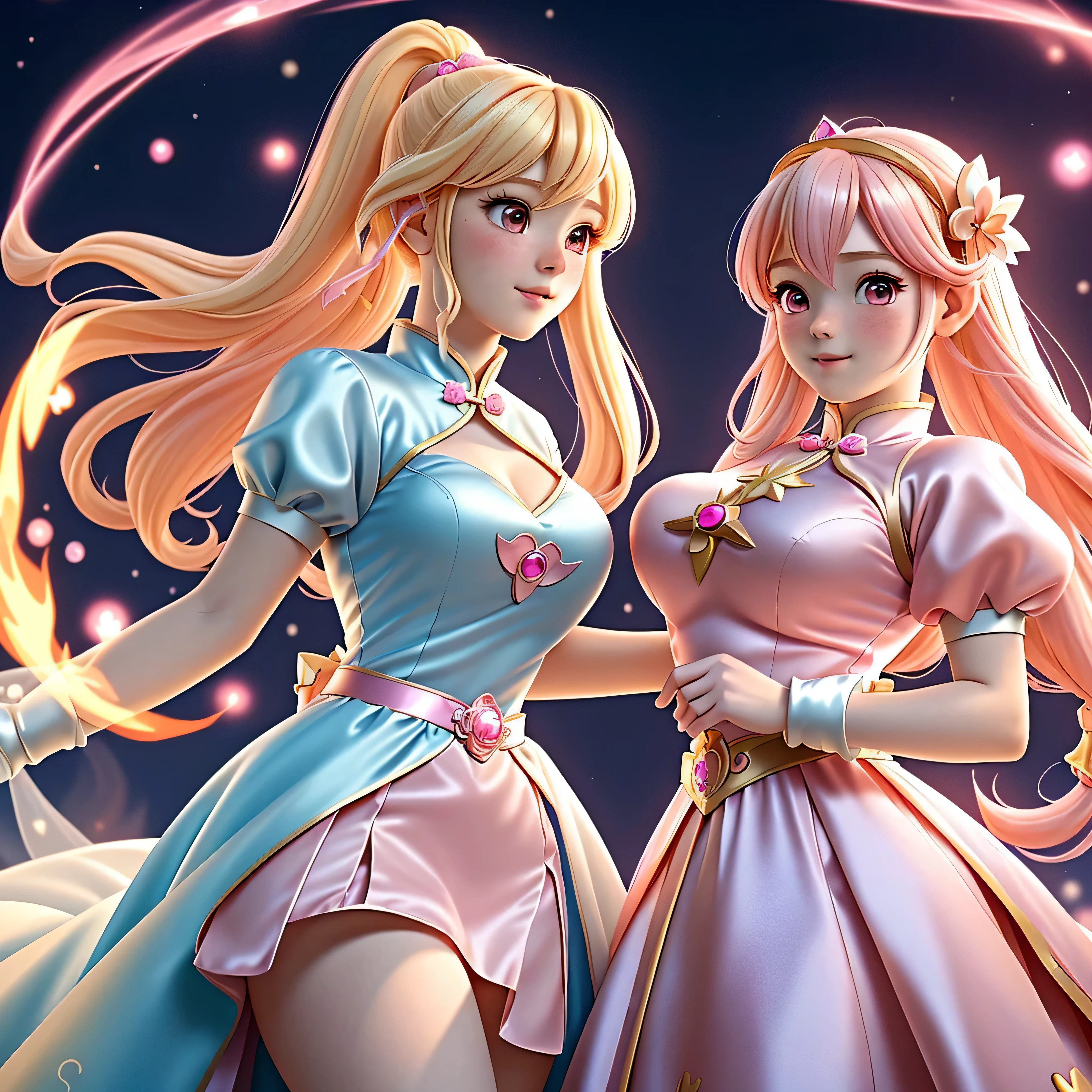 2girls, a magical girl with pink hair, a princess with blonde hair, cute friends, clear image, 8k, elaborate dresses, otherworldly, fire magic, Chinese dresses, sexy, silk, large breasts