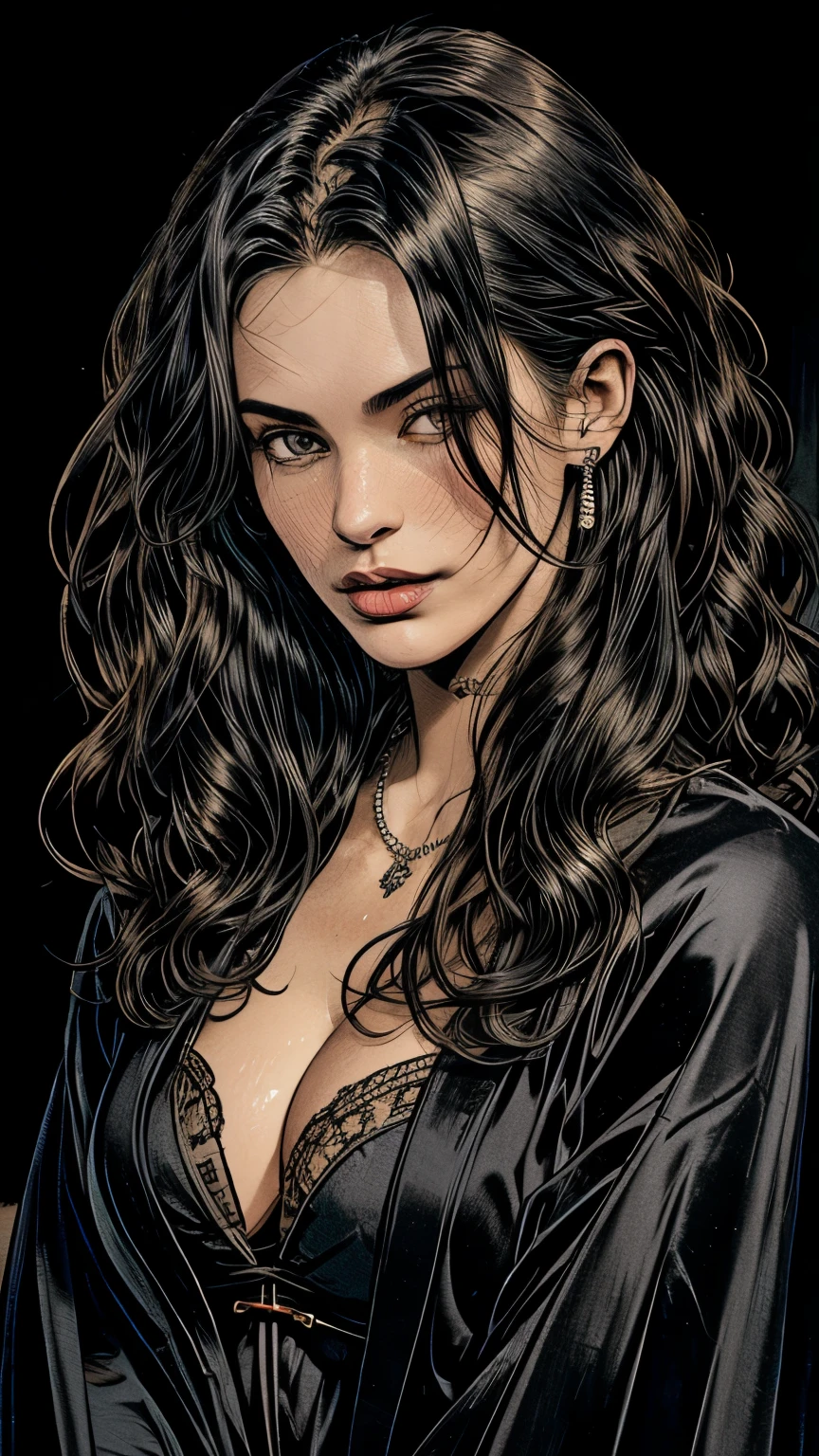 1 milf girl, dark atmosphere, highly detailed skin,, cleavage,old Japanese style ,8k quality, ultra sharp, ultra realistic detailed, dark atmosphere, dark colors, beautiful maiden dress, vibrant colors, black rose in hair , cleavage,