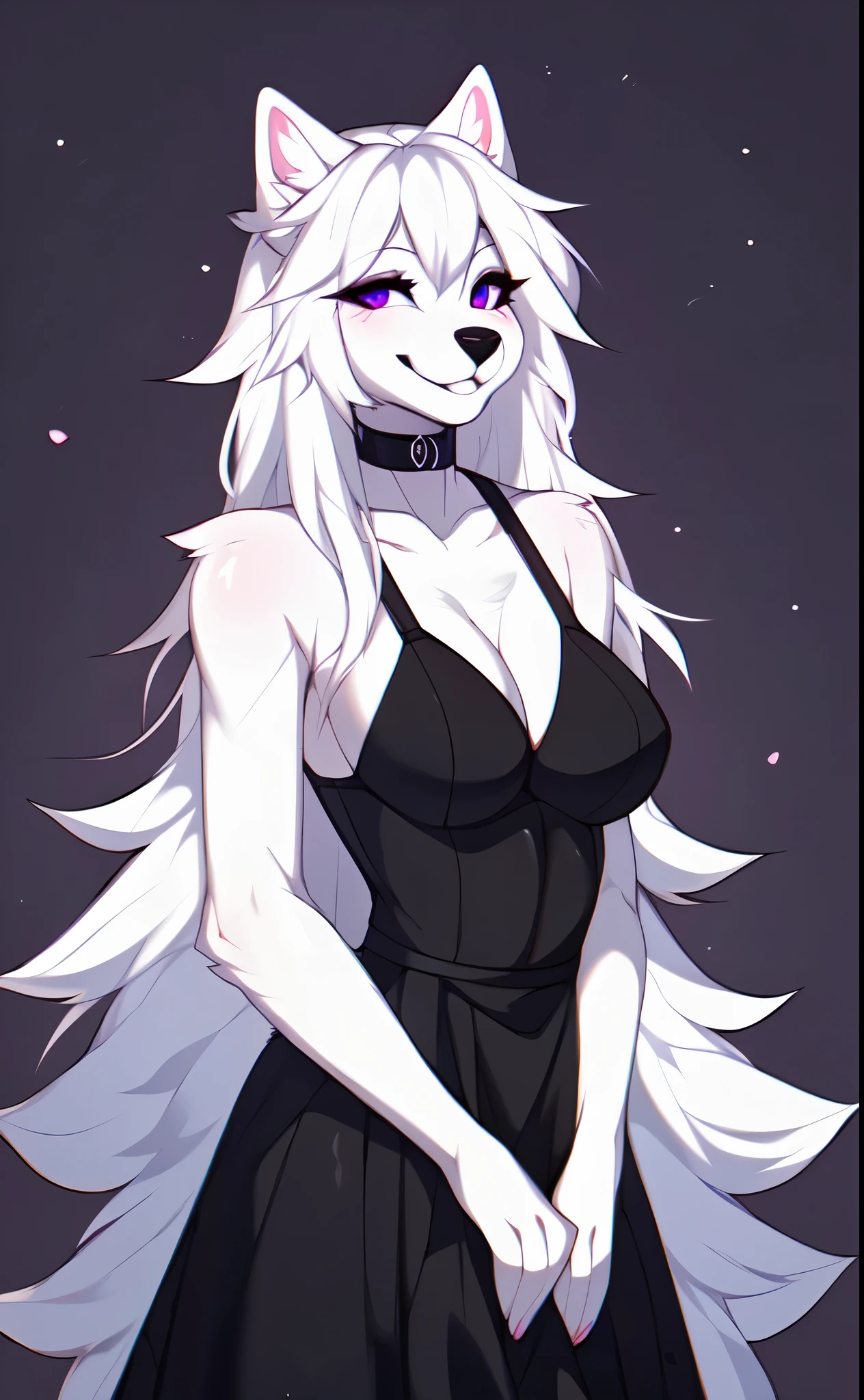 Solo, by fumiko, by hyattlen, by hioshiru, by claweddrip, Naomi, white wolf girl, medium breasts, white hair, purple eyes, black nose, cute snout, wearing black choker, black gothic dress, smiling softly, upper body shot, no background, blank background, playful pose,