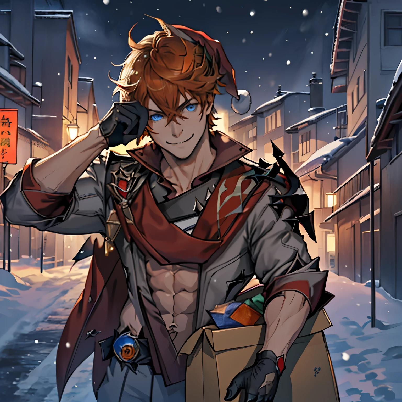 (extremely detailed, 8k wallpaper, masterpiece, best quality, ultra-detailed), (best illumination, best shadow), prefect face, dynamic pose, dynamic angle, 
((1boy)), solo, face, upperbody, male focus, tartaglia \(genshin impact\),
(santa hat:1.4), (carrying bags over shoulder:1.4), (holding large present boxes:1.2), smile, looking away, (detailed eyes:1.4), 
gorgeous, gloves, orange hair, (weapon:0),  mask, blue eyes, black gloves, pantask on head:0), holding, shirtless, scarf, red scarf, bangs, (holding weapon:0), muscular, abs, pectoral muscles
detailed background, liyue-kozue, scenery, night, outdoor, building, sea, bridge, mountain, (snow:1),