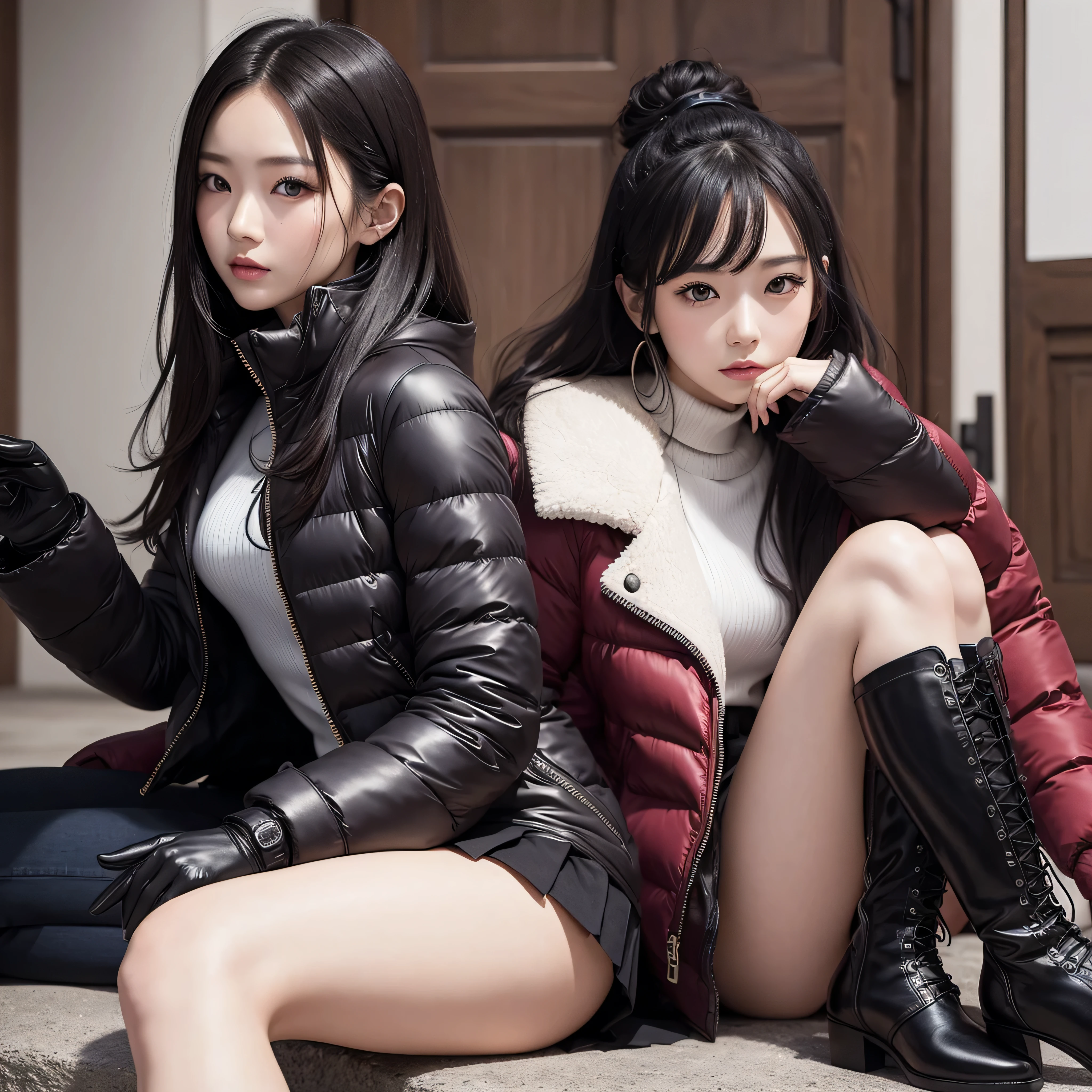 Beautiful Japanese woman, pale skin, moncler puffer coat, pleated skirt, makeup, cute, sexy, lace up knee high boots