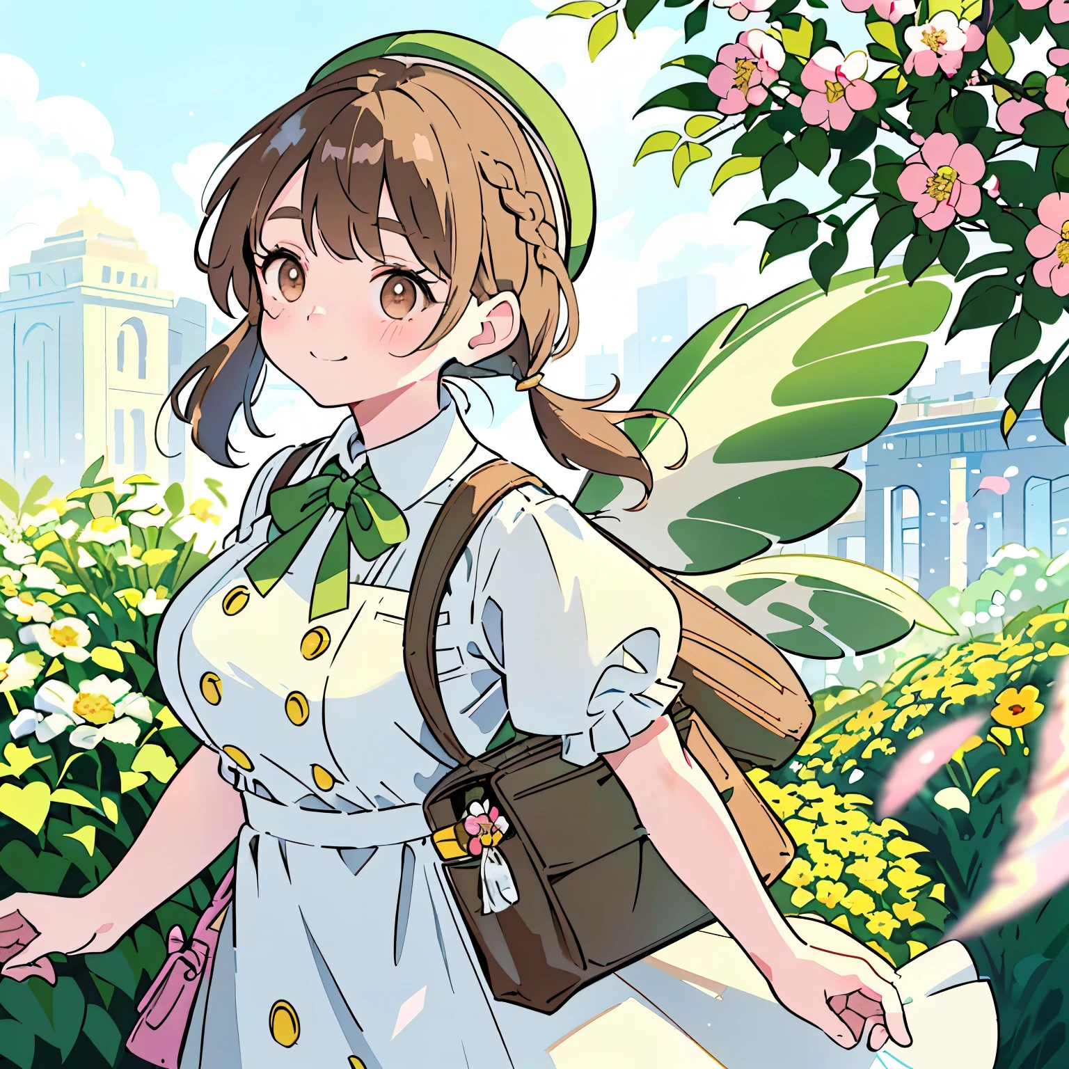 (brown hair:1.2),(Braided shorthair:1.2),(Braided pigtails:1.2),(With bangs),(brown eyes:1.25),blush,(The eyes are shining brightly:1.2),(eye size:1.7),(A place full of flowers, greenery, and spirit:1.15),(Gentle sunlight:1.1),(Soft picture),(fairy wings:1.1),(Waving loudly and walking cheerfully:1.1),(Clothes with a voluminous delivery man-like silhouette:1.4),(The colors of the clothes are pink, white, and yellow-green.),(gentle smile),(tits:1.15),(hat like a postman:1.25),(Boston bag filled with letters:1.2),(pouch bag:1.2),(My bag is overflowing with letters.:1.3)