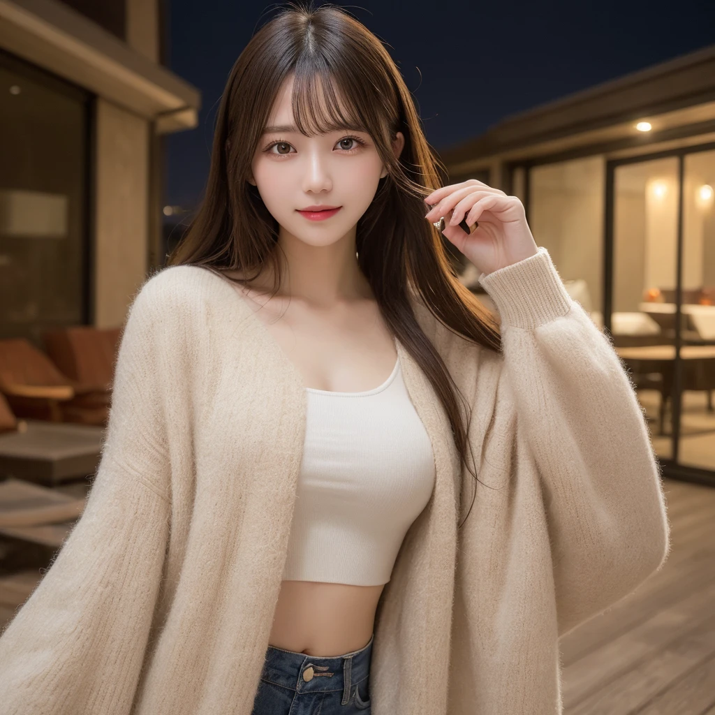 table top, highest quality, figure, super detailed, finely, High resolution, 8k wallpaper, 完璧なダイナミックな構figure, beautiful and fine eyes, fluffy winter clothes,straight hair,small breasts、natural color lip, bold sexy pose,smile,luxury house room、20 year old girl、cute、sexy shot looking at camera,Ultra-realistic raw photos,night outside