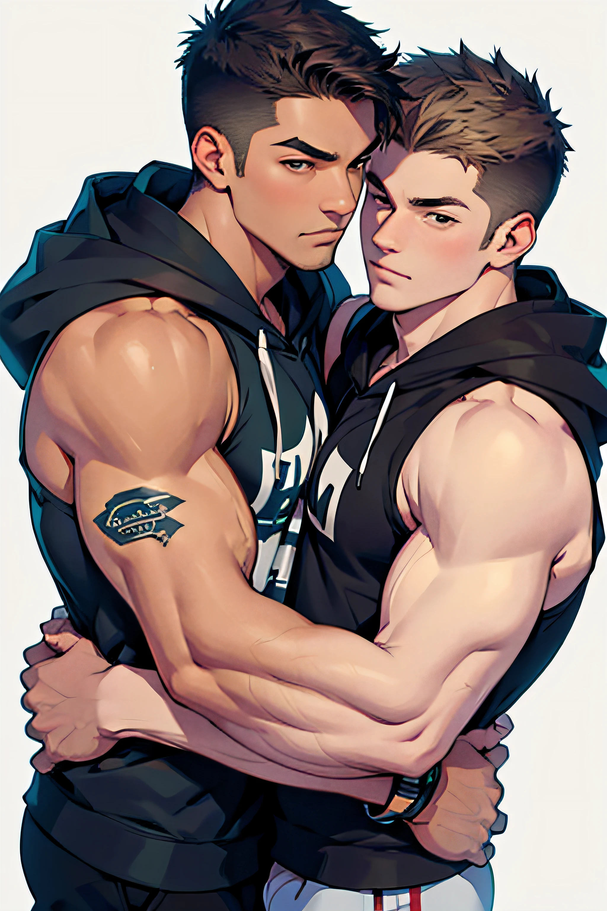 dois rapazes, doce, twunk, capuz sem mangas, hug