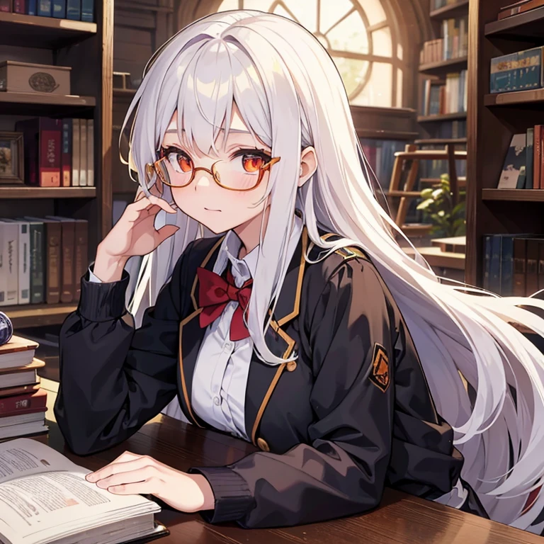 16-year-old girl,Head and shoulders photos,long white hair,golden-framed glasses,Orange hairpin,red pupils,student uniform,moonlight,library