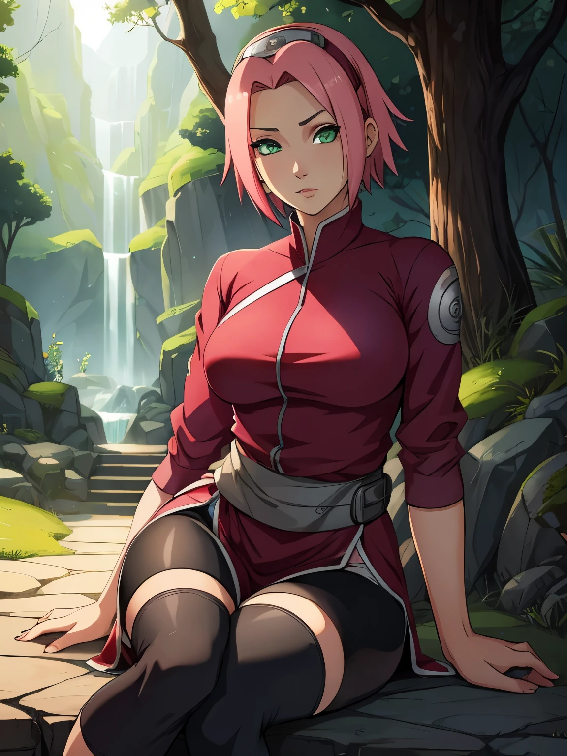 ((ultra quality)), ((masterpiece)), haruno sakuro, naruto, ((pink short hair)), (beautiful cute face), (beautiful female lips), charming, ((sexy facial expression)), looks at the camera, eyes slightly open, (skin color white), (blue skin), glare on the body, ((detailed beautiful female eyes)), ((green eyes)), (juicy female lips), (black eyeliner), (beautiful female hands), ((ideal female figure)), ideal female body, beautiful waist, gorgeous thighs, beautiful small breasts, ((subtle and beautiful)), seductively sits (close up of face), (sakura haruno clothing, black tight shorts leggings, Hidden Leaf Village Shinobi Clothes) background: hidden leaf village, Naruto Shippuden, ((depth of field)), ((high quality clear image)), (clear details), ((high detail)), realistically, professional photo session, ((Clear Focus)), anime