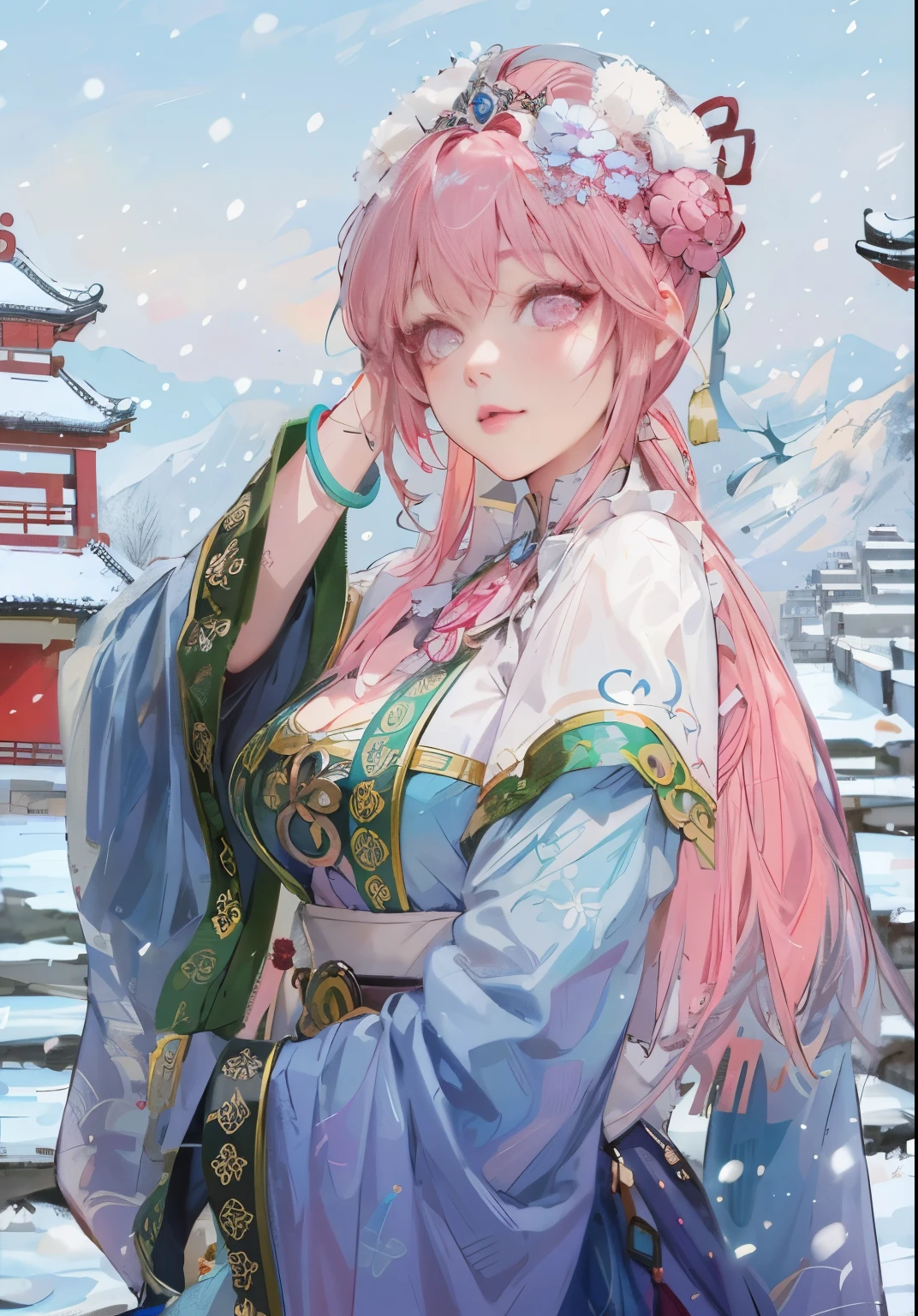 one wearing a blue dress、Woman with pink hair and pink wig, guweiz, guweiz on pixiv artstation, guweiz on artstation pixiv, April rendering, guweiz style artwork, Detailed digital animation art, shadow poetry style, 8k high quality detailed art，three kingdom