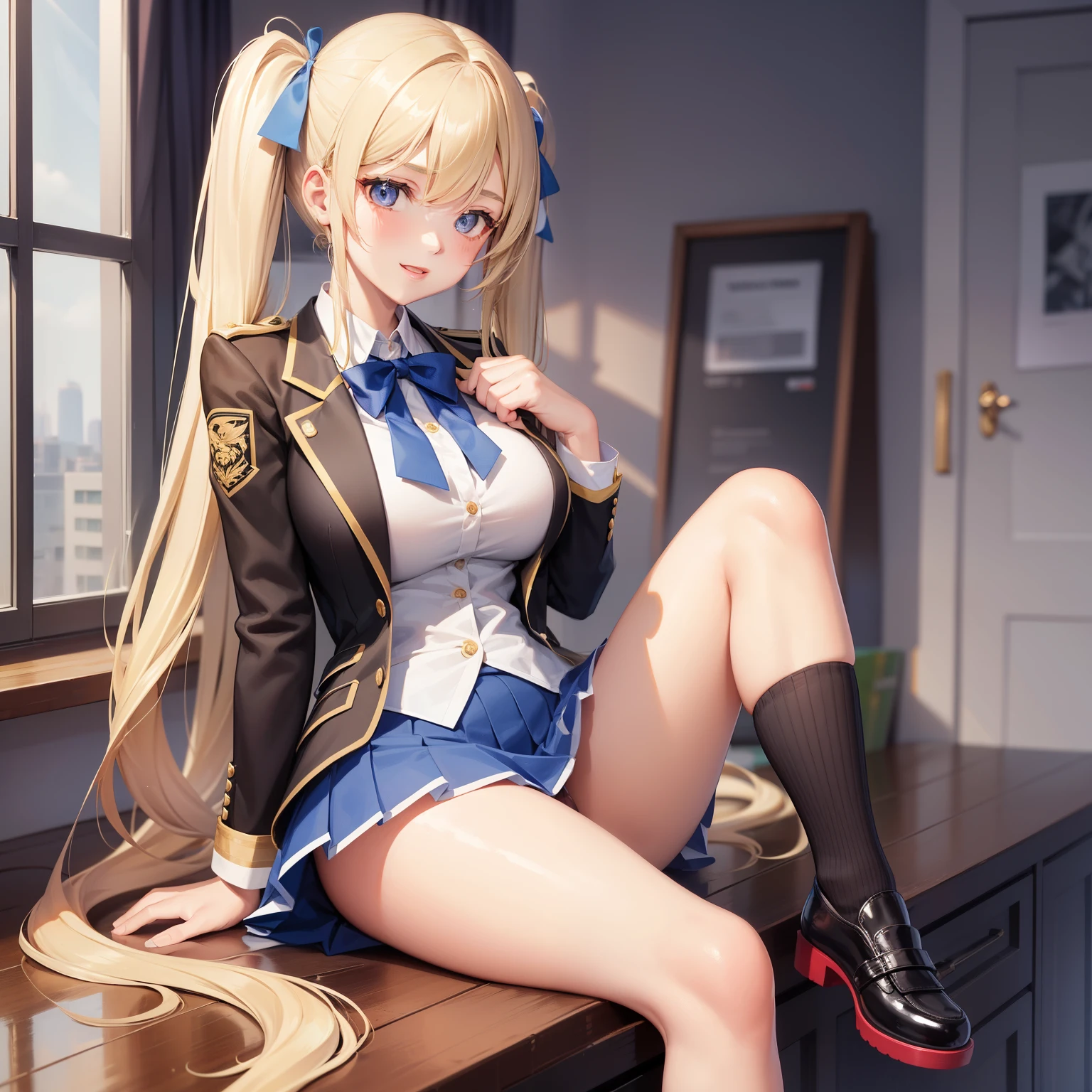116 girl uniform blazer laughter length blonde long twintail hair highest quality masterpiece Super high resolution beautiful girl big breasts Loose sock style beautiful girl Fashionable thin line
