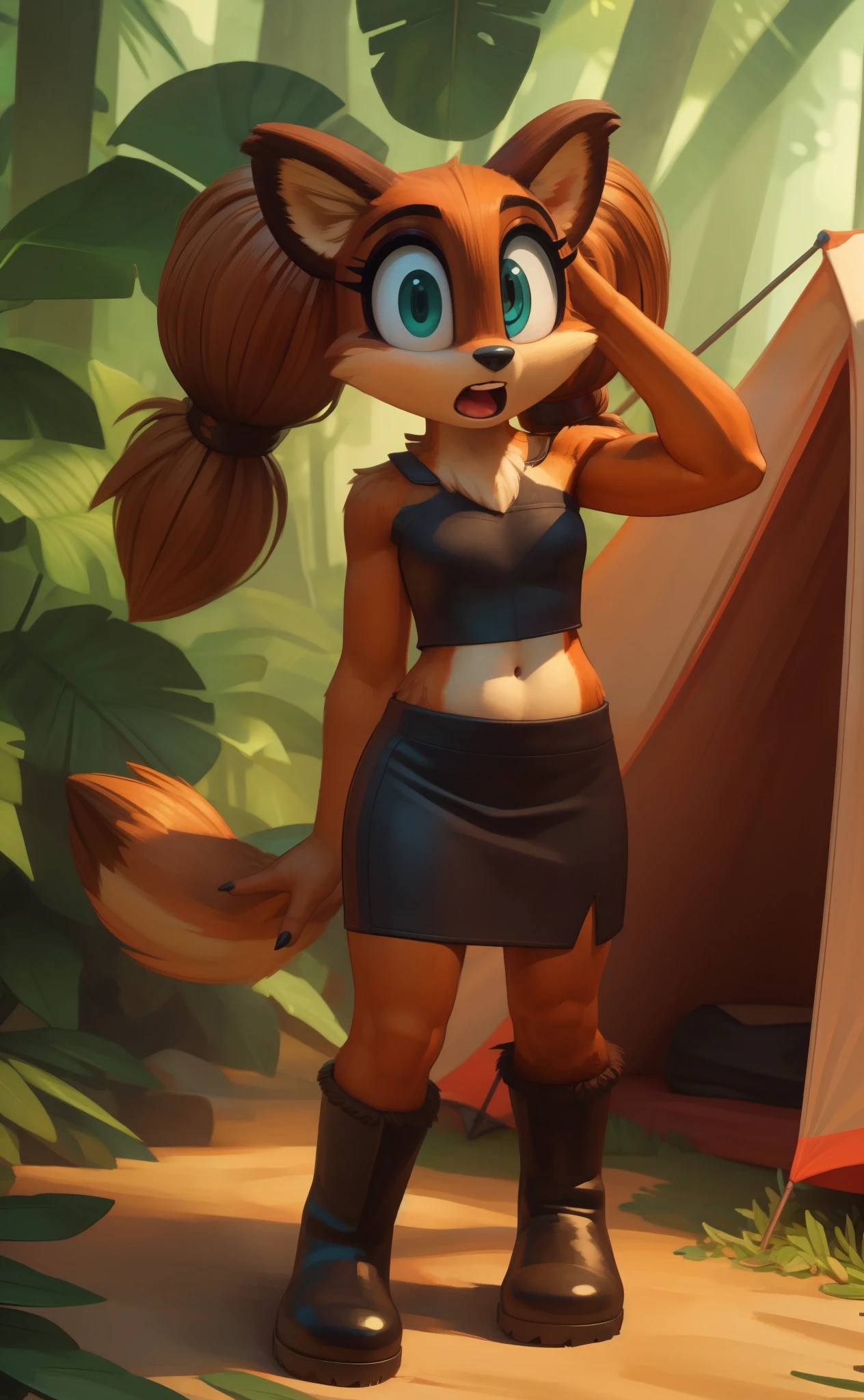 [sticks the badger], [Uploaded to e621.net; (Pixelsketcher), (wamudraws)], ((masterpiece)), ((HD)), ((high res)), ((solo portrait)), ((front view)), ((feet visible)), ((furry; anthro)), ((detailed fur)), ((detailed shading)), ((beautiful render art)), {anthro; (brown and orange fur), (two toned fur), (black nose), (twintails), (cute teal eyes), (short eyelashes), (short tail), (sharp black nails), (beautiful legs), (mouth open), (surprised expression)}, {(grey pelt bandeau), (midriff), (navel), (brown pelt pencil skirt), (torn skirt), (brown pelt boots)}, {(standing), (looking at viewer)}, [background; (tent), (tropical forest), (sun rays), (ambient lighting)]