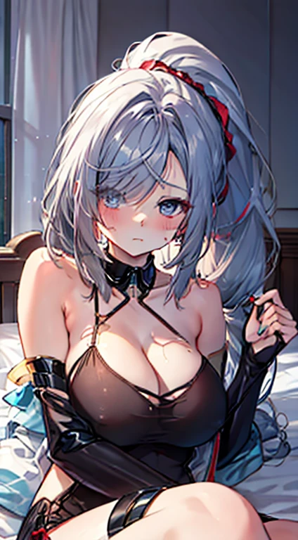 masterpiece, best quality, high resolution, 8k, Super detailed, high quality, , Redhead 2D pretty girl,long hair,explanatory,succubus theme,Lying on the bed wearing black silk,That girl'Eyes full of love,teardrop,stick out your tongue, high ponytail hairstyle, black eyes, very huge, Off the shoulders, bedroom, Pouting, Blushed, bshoulder, thigh, Lopp, clavicle, There are huge,Sweating all over the body,Cool clothes,A collar worn around his neck,