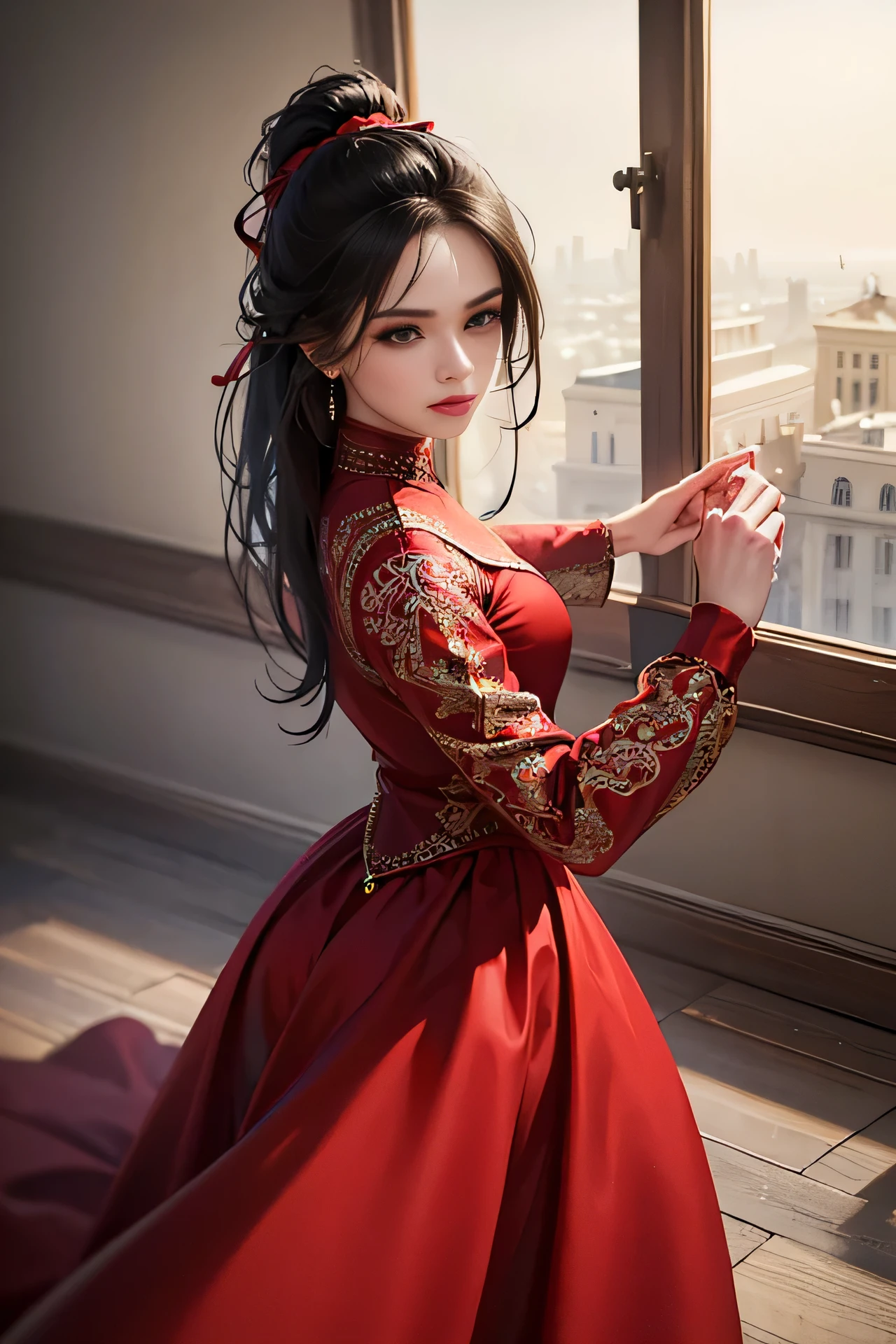 (skindentation:1.5), Realistic, Photorealistic, (masterpiece:1.5), concept art, intricate details, highly detailed, photorealistic, octane render, 8k, unreal engine, dynamic pose, best quality, highres, (realistic face:1.1), (hyperrealistic:1.1), (((full_body))), perfect eyes,(shiny skin:1.2), perfect hand, extremely detailed background, ((dynamic background)), ((1girl)), ((wearing red long silky dress)), ((detailed eyes, high quality eyes, high quality face)), long black hair, messy ponytail, dramatic, depth of field, bokeh, 4k, ancient ruin, dancer, (((dancing))), long sleeves, (((red long chiffon dress))), turtle neck, bride, wearing a red veil