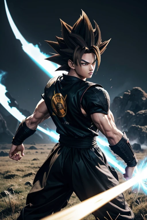 Supreme Super Saiyan, tall hair, brown hair, black and white clothing, clothing with blue lines, DBZM Dragon Ball, stunning aura, lots of action, black clothes with gray, lots of Ki energy, grass background, robotic