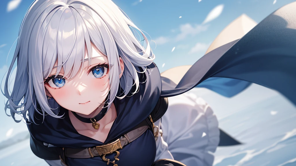 Her eyes were shining、Mysterious and enchanting atmosphere。With AI Painting、とてもShort Hair, Long bangs between the eyes, Grey Eyes , Very detailed,(masterpiece、Highest quality)、alone、Gray Hair、Fantasy, Silver Hair, Beautiful Eyes,Ecstasy, charm, attract the audience, Fantasyな風景、White shirt、smile、Open your mouth、Scarf、short hair、Short Hair、hairpin、Dark Eyes