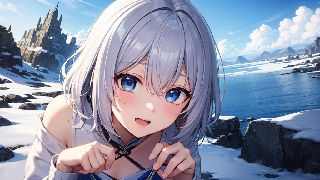 super high quality, with a girl, 20-year-old, とてもshort hair, long bangs between the eyes, pale blue eyes , blue sky, sunlight, very detailed,(masterpiece、highest quality)、alone、gray hair、laughter、White skin as clear as snow、fantasy, silver hair, black eye, beautiful eyes,, ecstasy, charm, be smitten with audience, short hair,blue sky , sunlight,fantasyな風景,looking down from above、white breath