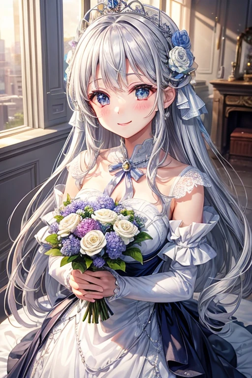 holding a bouquet in both hands、silver hair、Princess、Platinum decoration、smile、cute